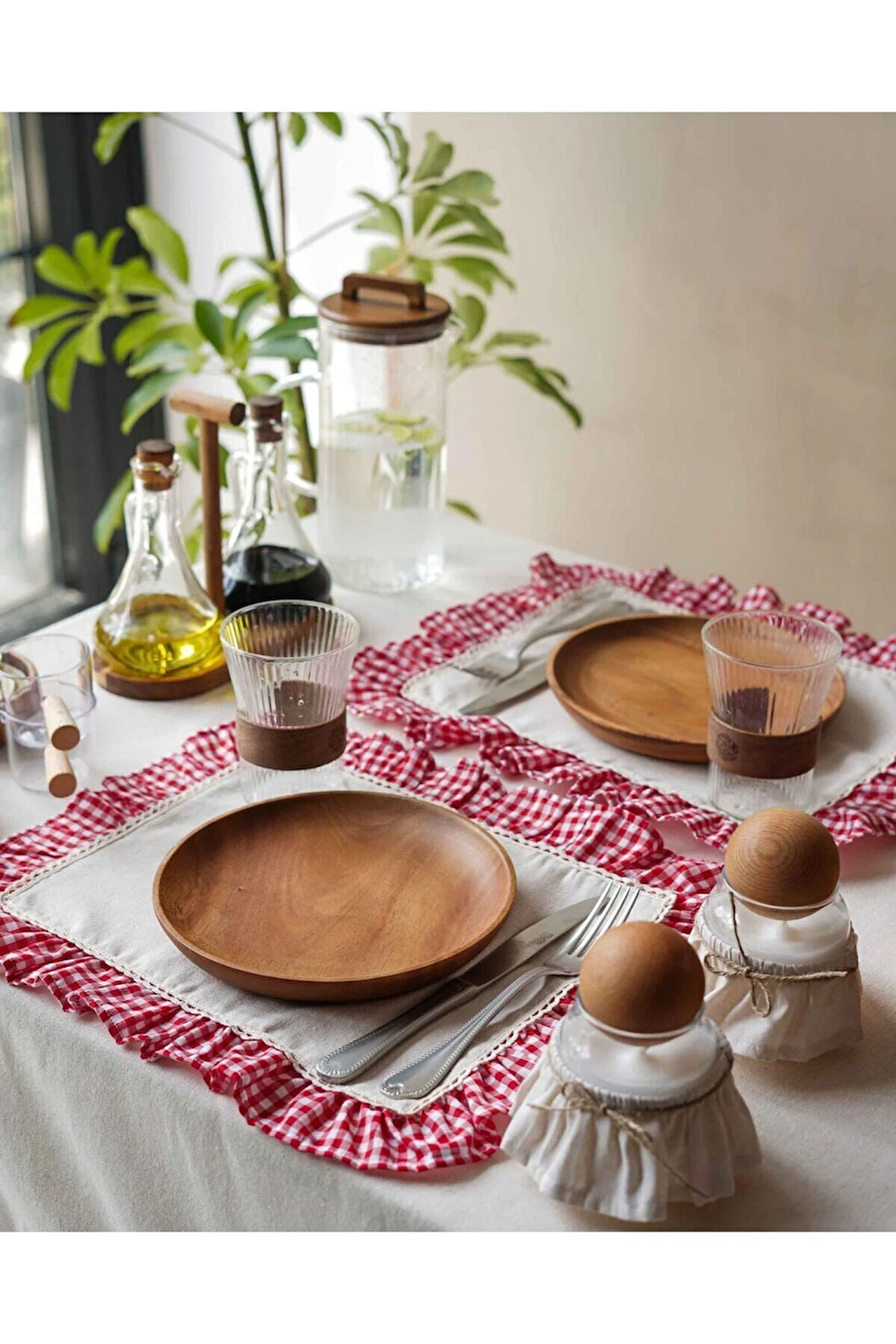 6Lı Ham Keten Kareli Fırfır Detaylı Amerikan Servis/ Supla