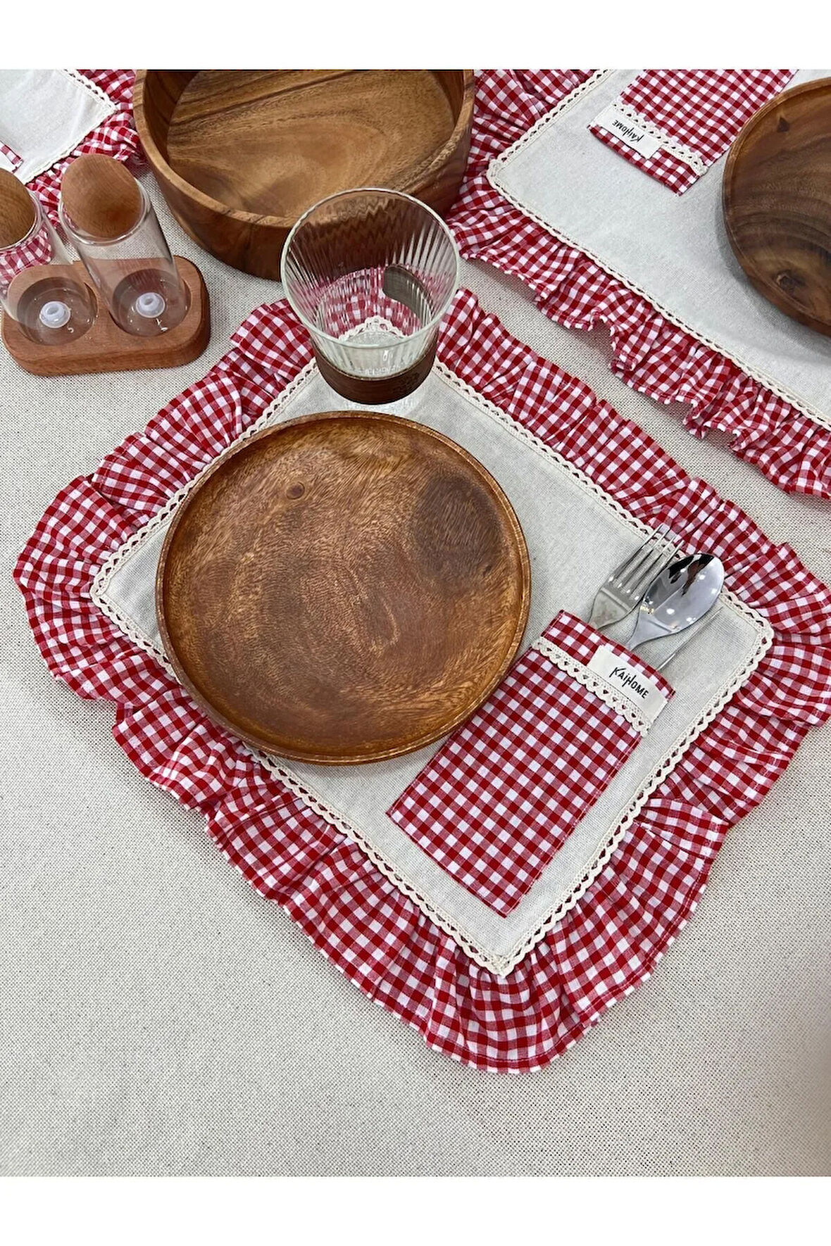 6Lı Cepli Ham Keten Kareli Fırfır Detaylı Amerikan Servis/ Supla