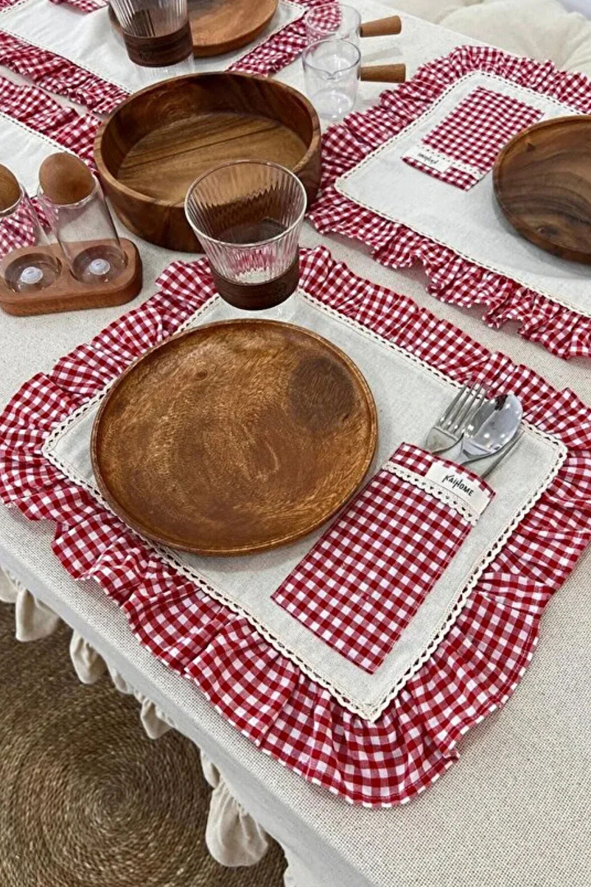 2Li Cepli Ham Keten Kareli Fırfır Detaylı Amerikan Servis/ Supla