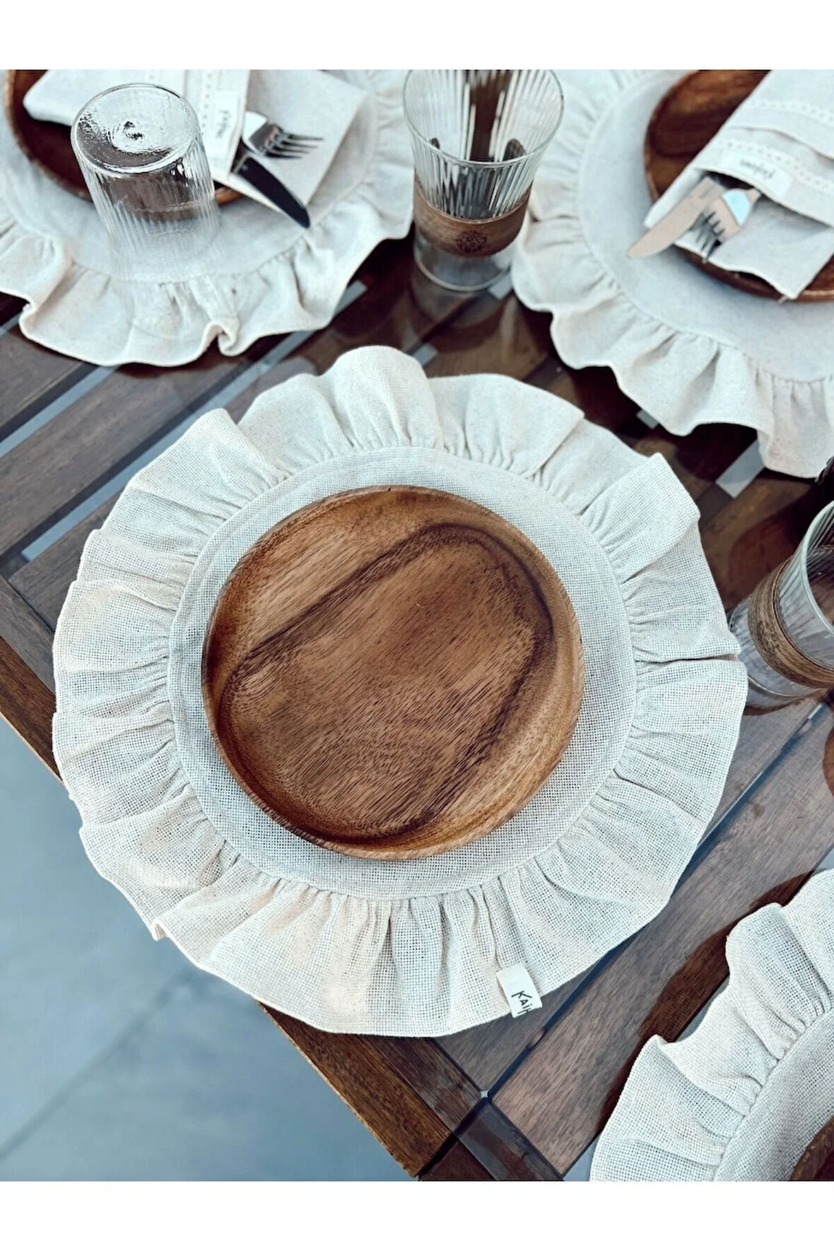 4Lü Ham Keten Yuvarlak Fırfır Detaylı Amerikan Servis/ Supla