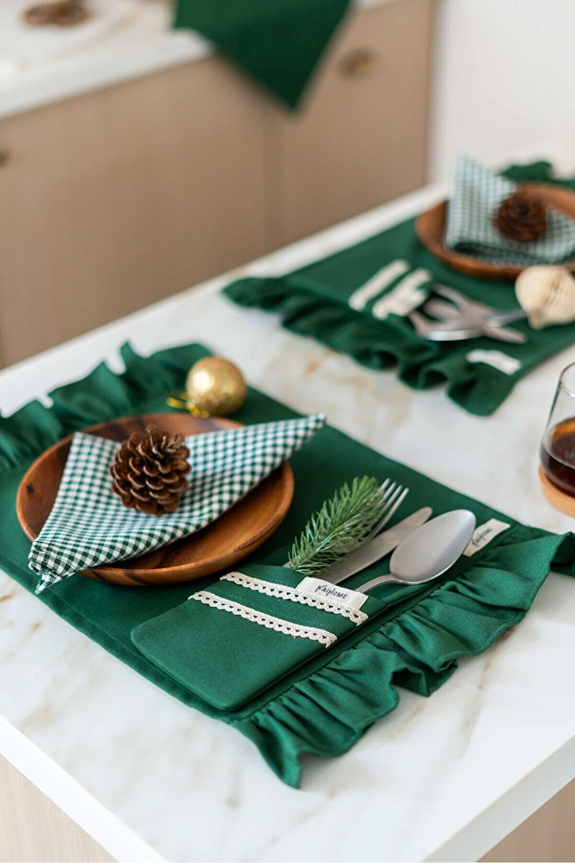 2Li %100 Dak Keten Fırfır Detaylı Amerikan Servis/ Supla YEŞİL