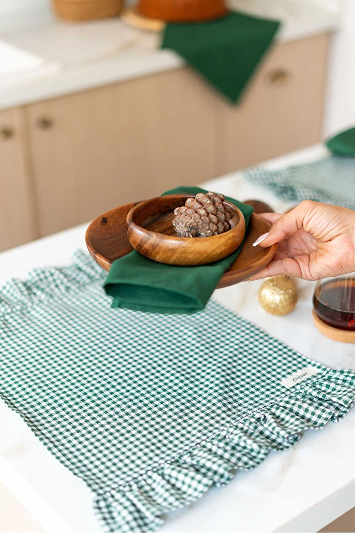 4LÜ %100 Dak Keten Fırfır Detaylı Amerikan Servis/ Supla YEŞİL KARELİ