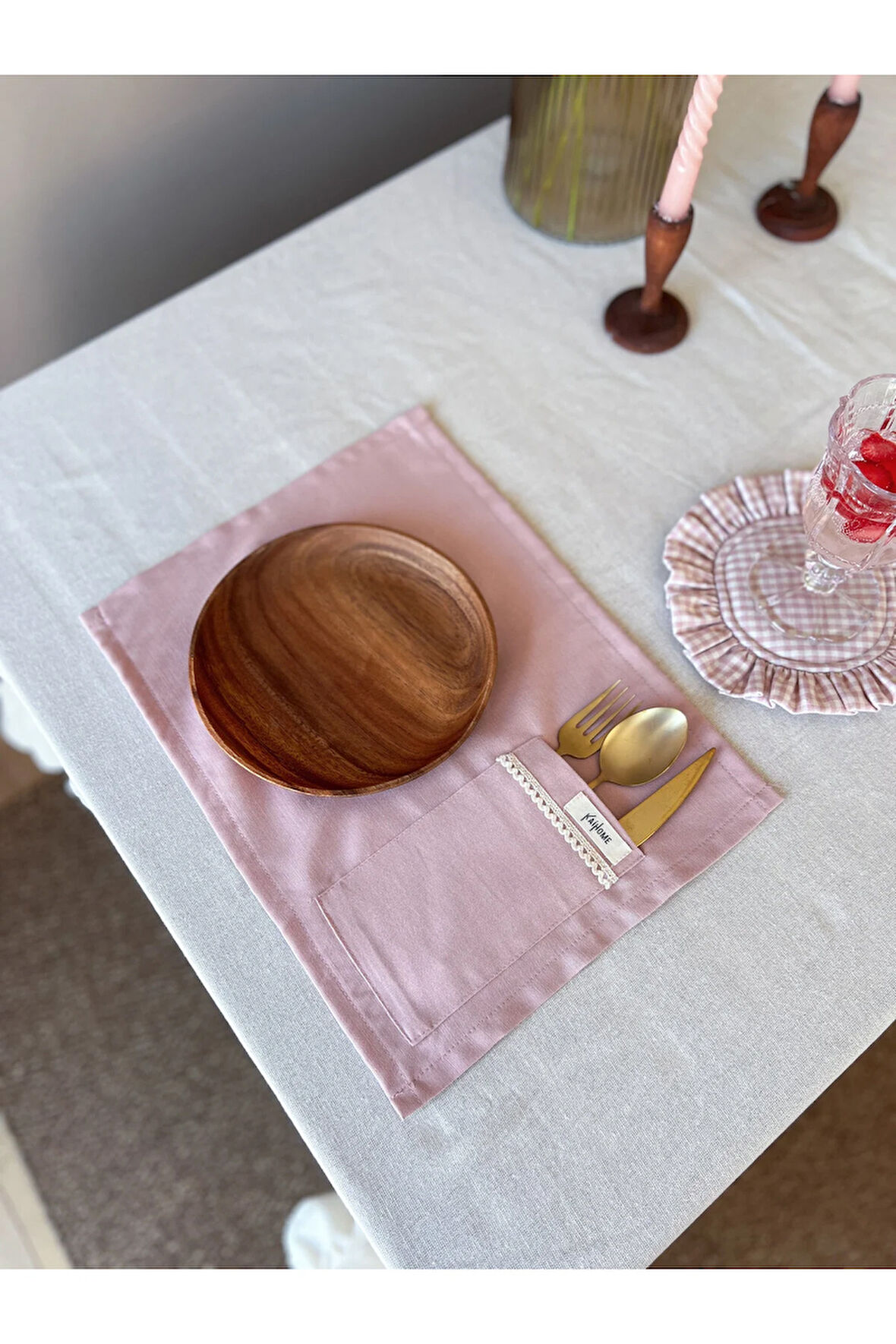 Rosy 4Lü Cep Detaylı Keten Amerikan Servis/ Supla Pembe