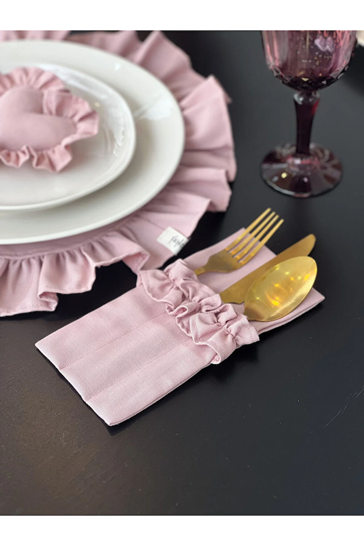 Rosy Fırfırlı 3 Bölmeli Çatal-Kaşık-Bıçak Kılıfı 6Lı