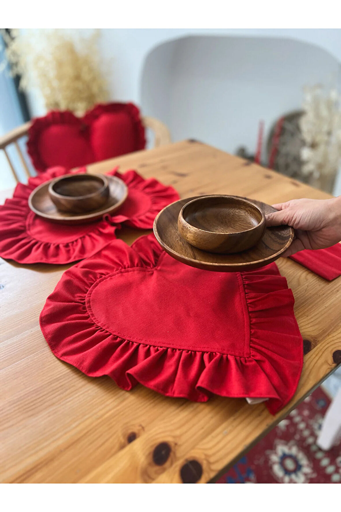 Lovely Kalp Fırfırlı Keten Supla / Amerikan Servis 4Lü