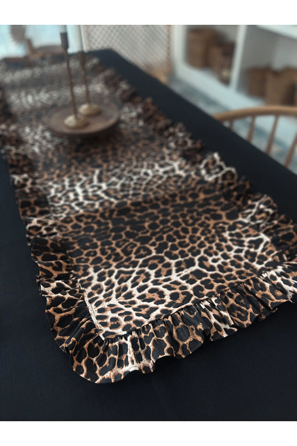 Leopard Keten Dikdörtgen Fırfırlı Runner 40CMX120CM