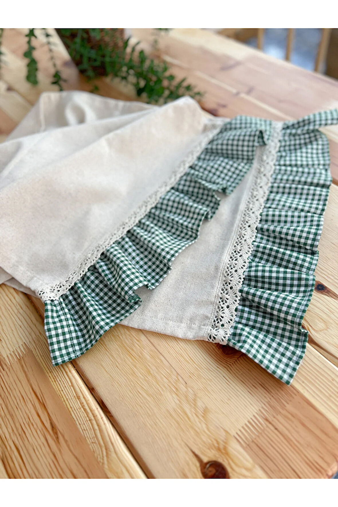 Ham Keten Fırfırlı Dantel Detaylı Dikdörtgen Runner 40x120cm