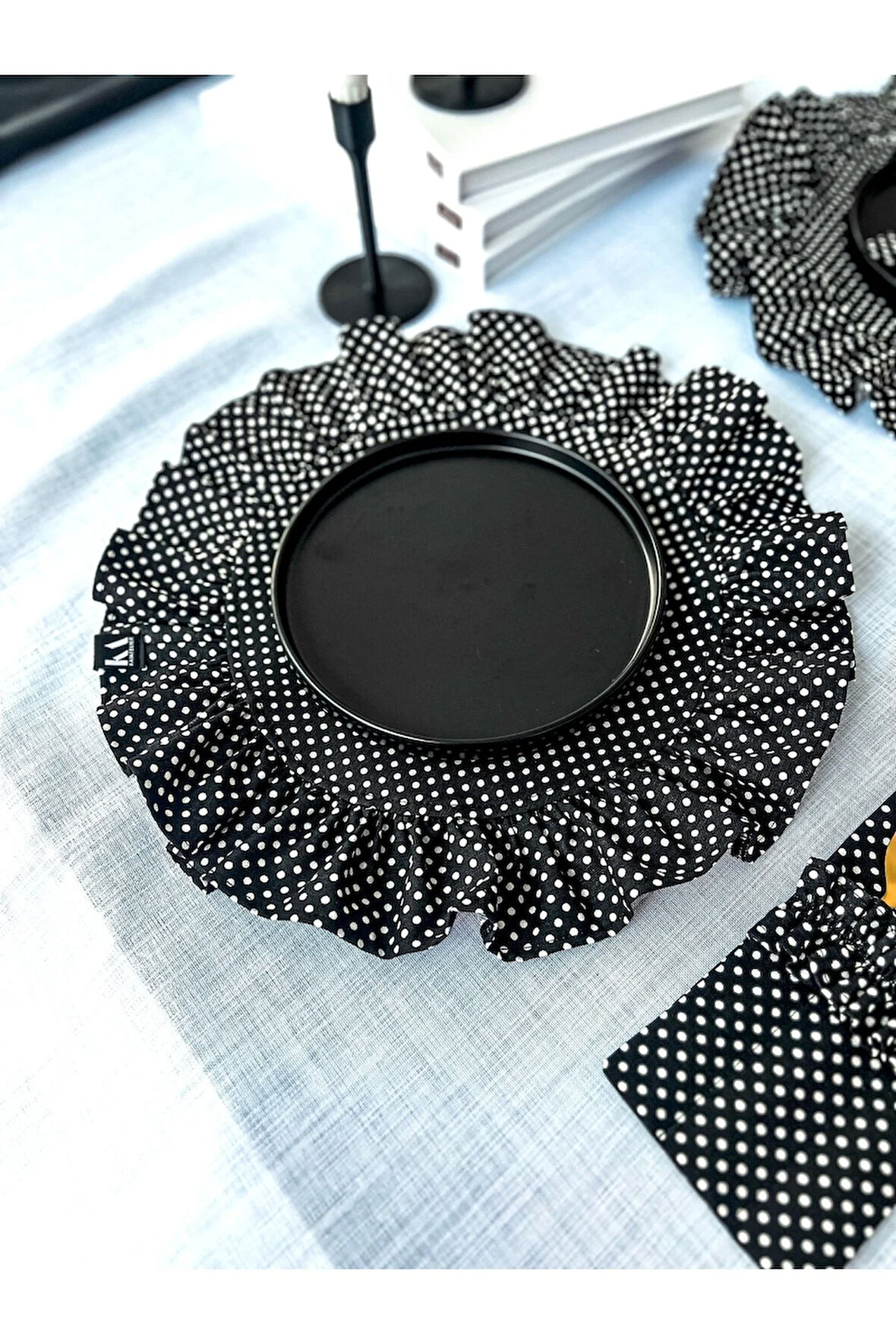 Doritta Puantiye Keten Fırfırlı Yuvarlak Supla / Amerikan Servis 6lı