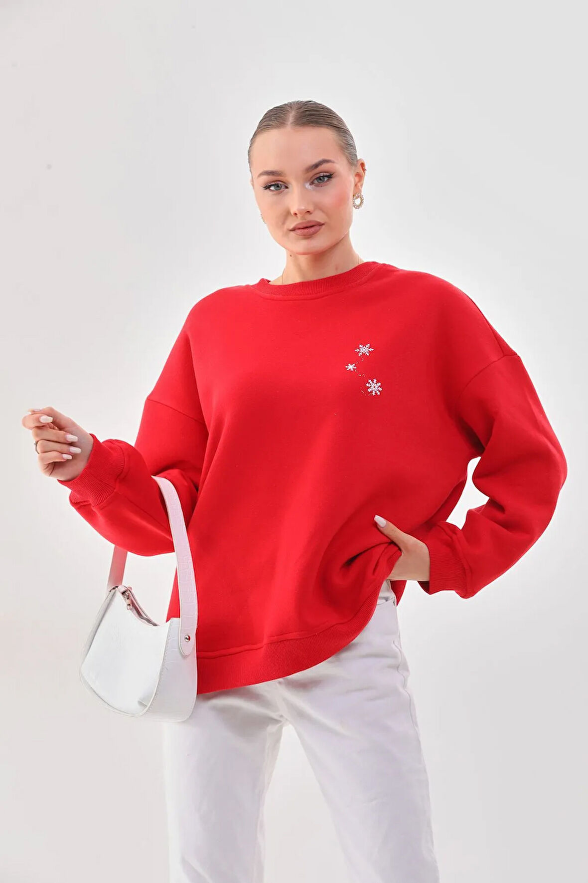 Kallima Oversize/rahat Kalıp Yılbaşı Kar Tanesi Desenli Içi Polarlı Kalın Kırmızı Kadın Sweatshirt