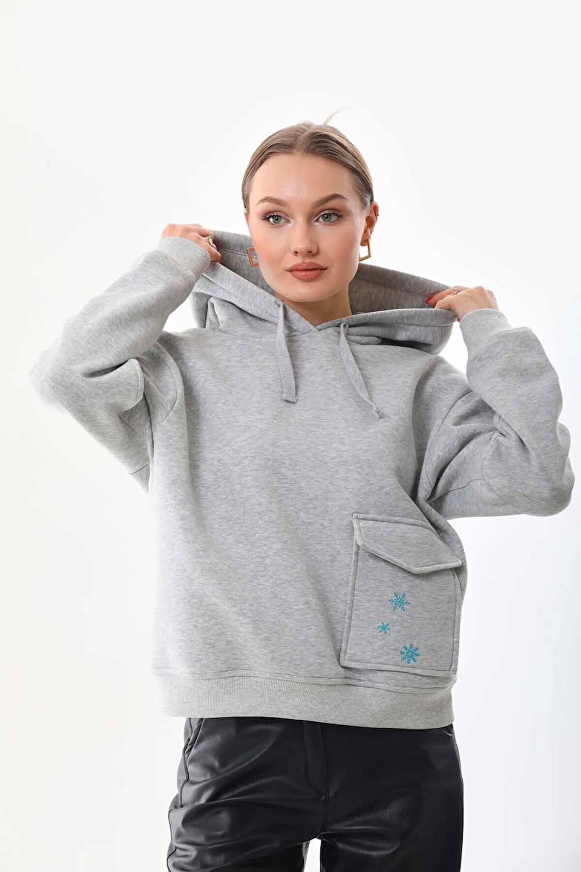 Kallima Gri Kışlık Kalın Kar Tanesi Baskılı Cepli Kapüşonlu Oversize/geniş Kesim Sweatshirt