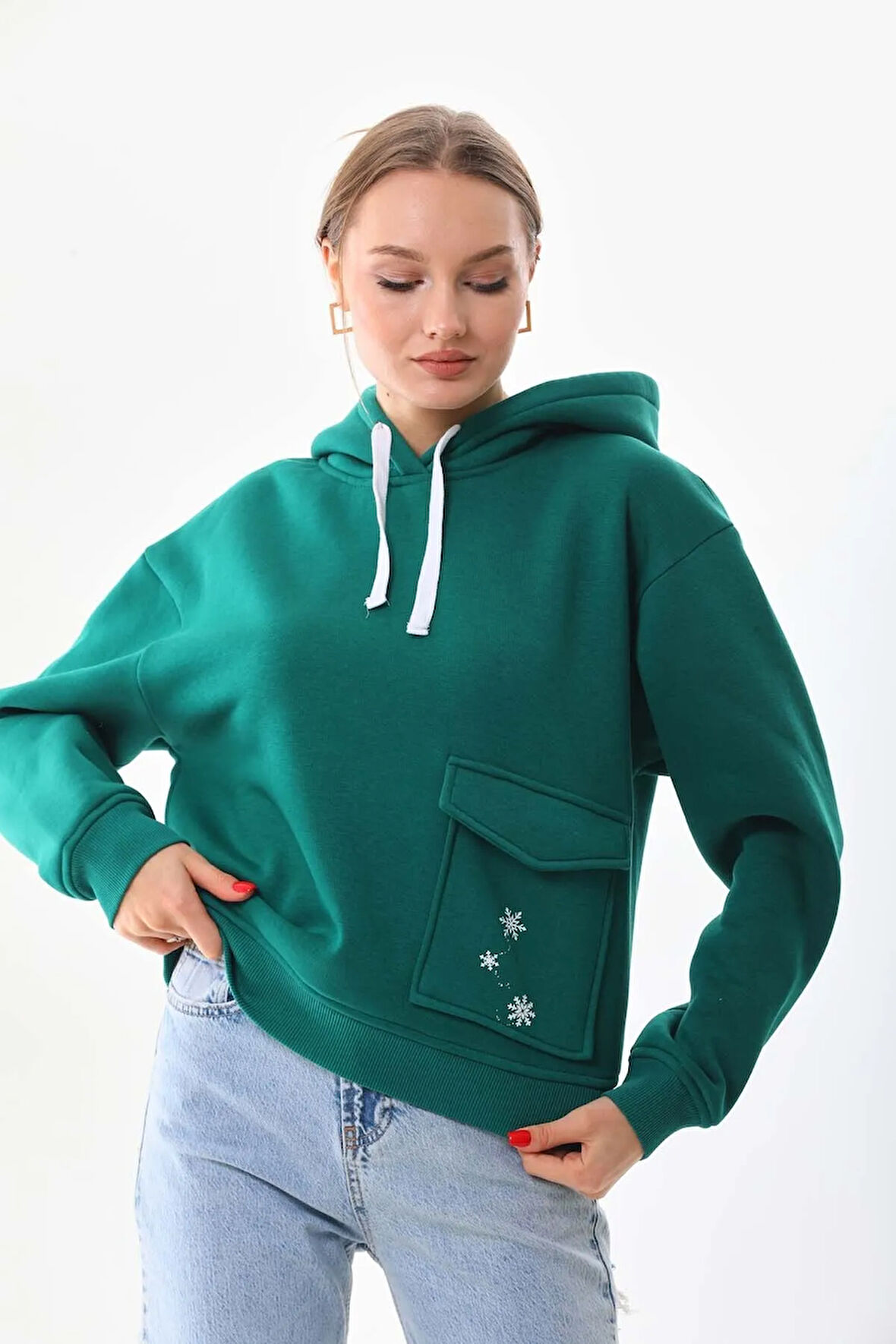 Kallima Yeşil Kışlık Kalın Kar Tanesi Baskılı Cepli Kapüşonlu Oversize/geniş Kesim Yılbaşı Sweatshirt