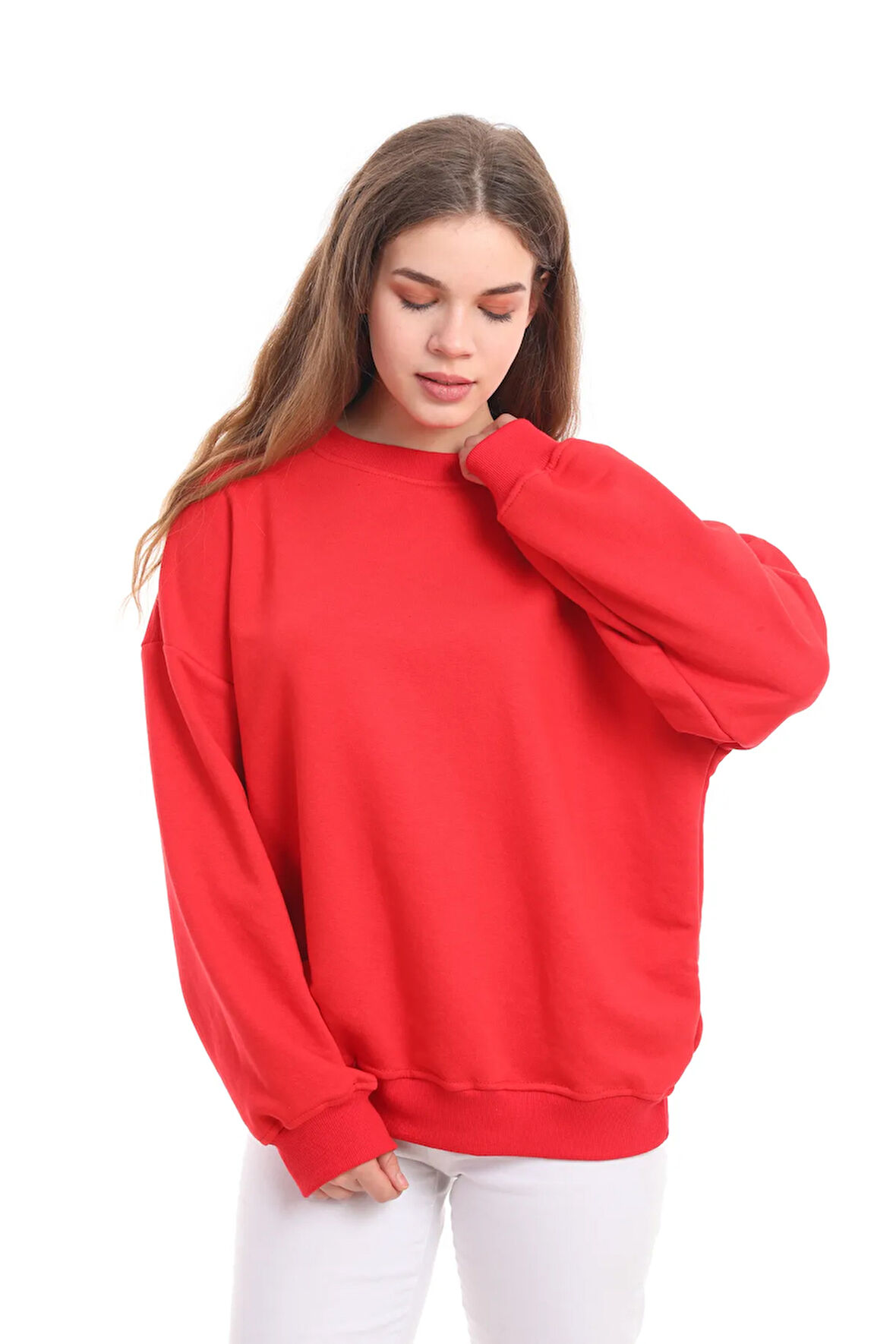 Kallima Kırmızı Dökümlü Rahat Kalıp %100 Pamuk 3 Iplik Minimal Nakışlı Yılbaşı Kadın Sweatshirt