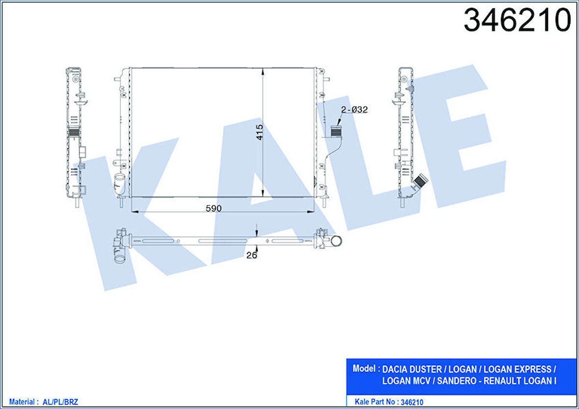 KALE Su Radyatörü Dacıa Duster 10 Logan 05 1.5 Dci Mek.Şanz. / Ac Al/Pl/Brz