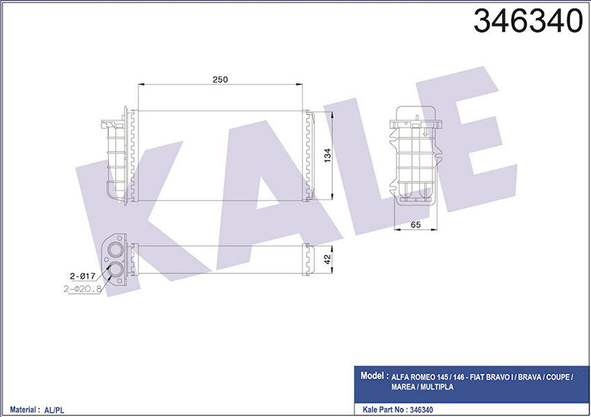 KALE Kalorifer Radyatörü Bravo 95-01 Brava 95-01 Marea 96-02 250x140x42