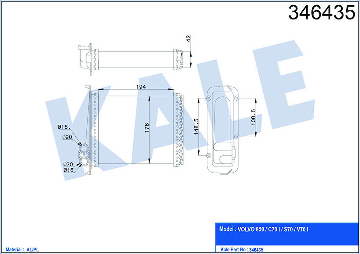 KALE Kalorifer Radyatörü Volvo 850 91-96 C70 98-05 S70 97-00 V70 97-00