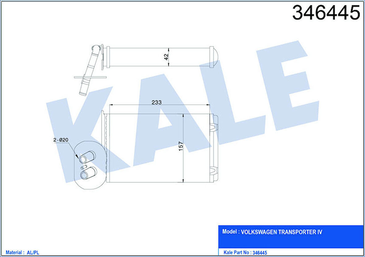 KALE Kalorifer Radyatörü Vw Transporter T4 1.9d-Td-2.0d-2.4d-2.5d-Td Ön 234x157x42 Ac