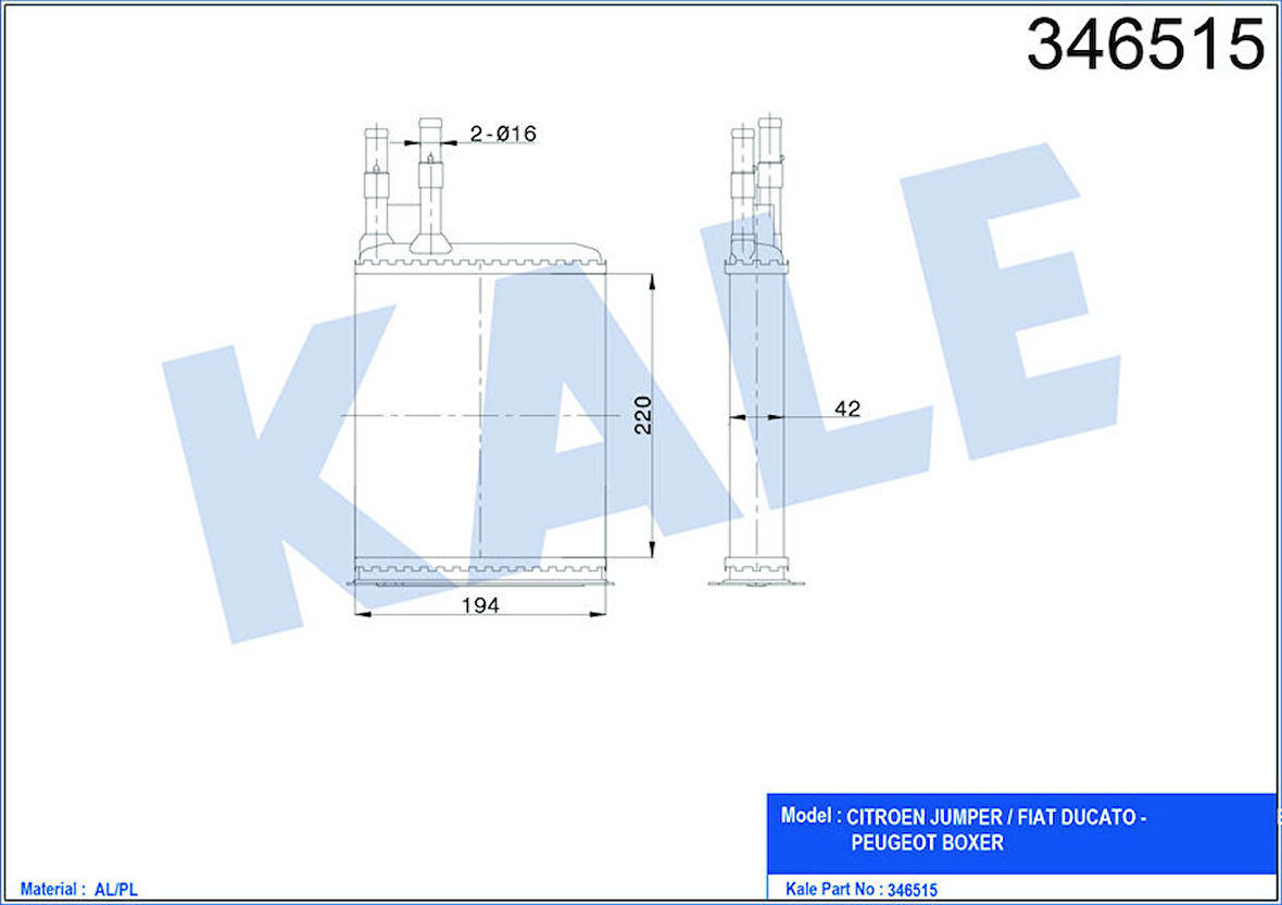 KALE Kalorifer Radyatörü Ducato-Boxer-Jumper 94-02 220x195x42