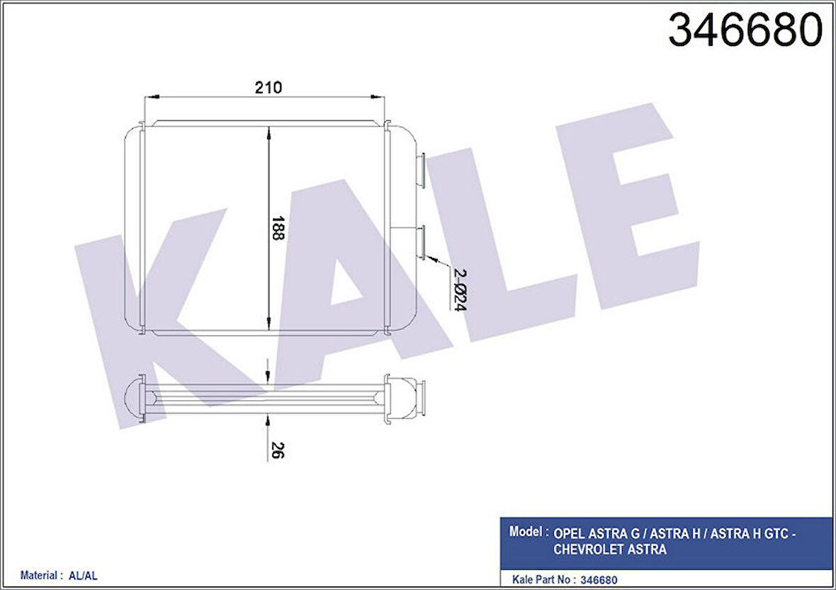 KALE Kalorifer Radyatörü Brazing Astra F-Astra G-Astra H Yüzüklü Mek Otom 208x183x26