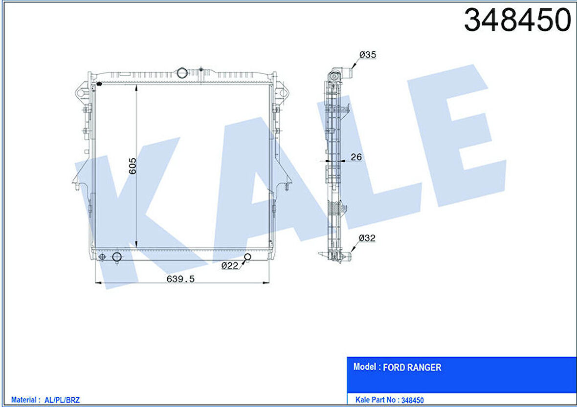 KALE Su Radyatörü Al/Pl/Brz Ranger 2.2tdcı 11 Mt