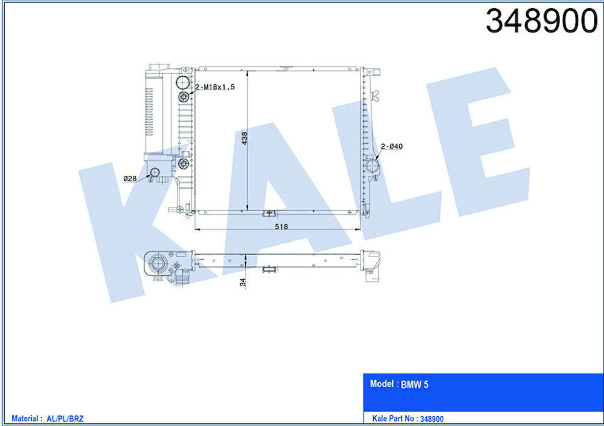 KALE Su Radyatörü Bmw 5-Serisi E34 Al-Pl-Brz 518x438x34