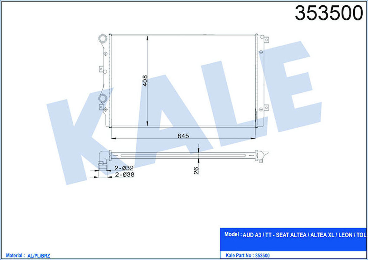 KALE Su Radyatörü Caddy 3-Golf 5-Passat-A3-Altea-Toledo Iıı-Octavıa 1.9tdı Mek Al/P