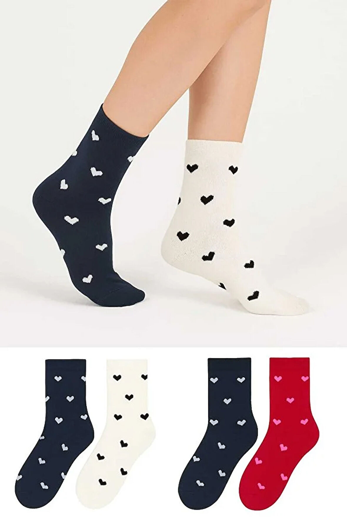 3'lü Çok Renkli Sevimli Kalp Desenli Kadın Soket  Çorap Seti 3  LÜ SET