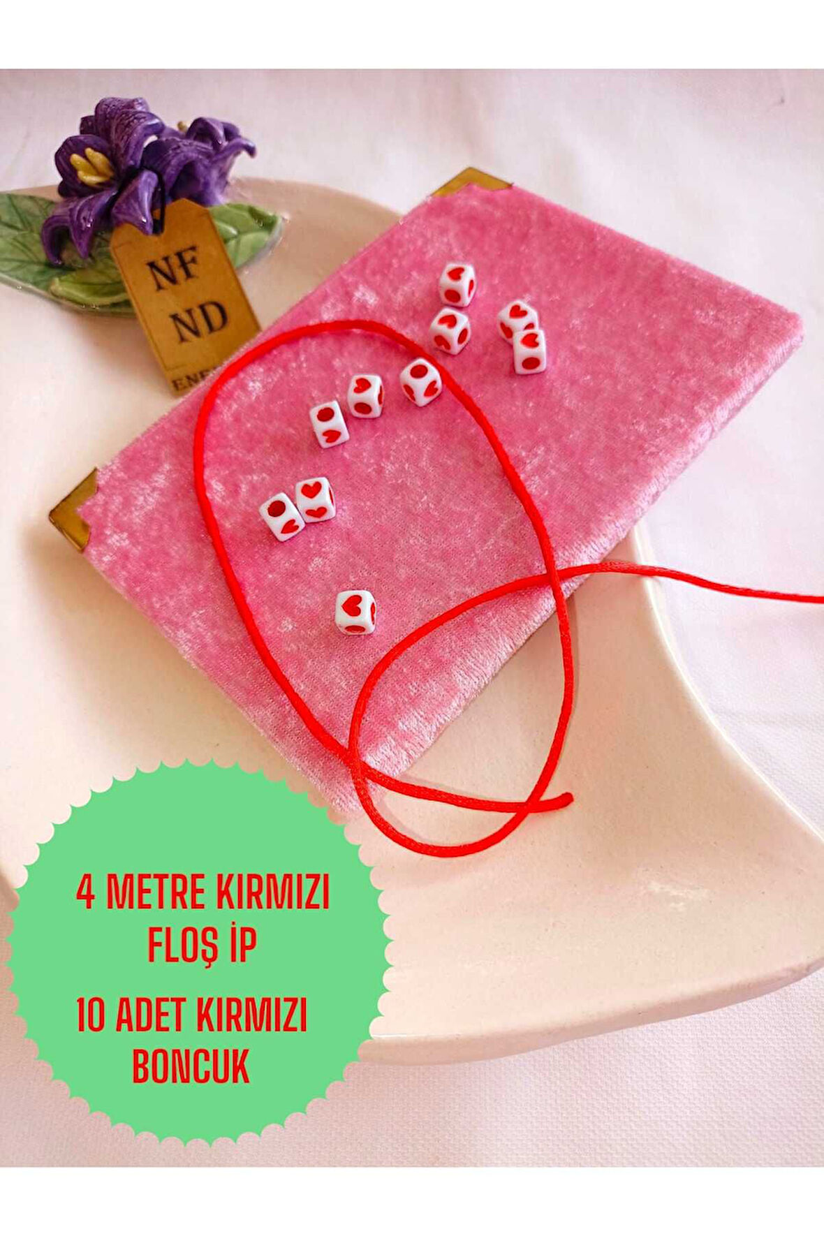 10 ADET KALPLİ KARE BONCUK SERT PLASTİK TAKI APARATI HEDİYE DELİKLİ KIRMIZI VE 4m KIRMIZI FLOŞ İP