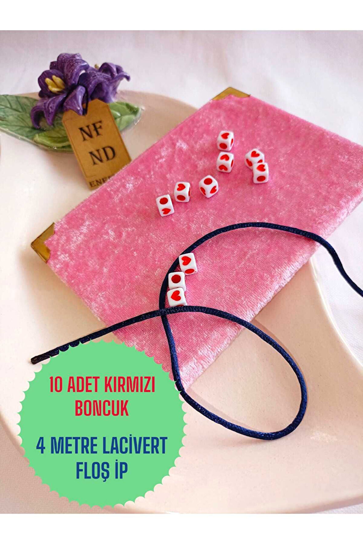 4m LACİVERT FLOŞ İP 10 ADET KALPLİ KARE BONCUK SERT PLASTİK TAKI APARATI HEDİYE DELİKLİ KIRMIZI