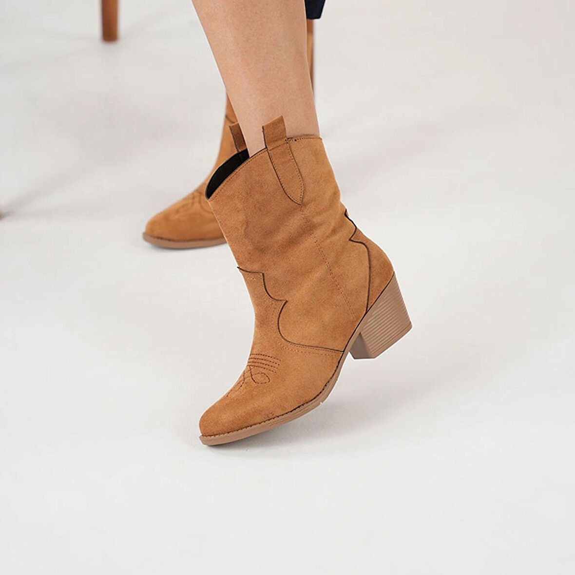 Süet Kadın Kısa Kovboy Kanvas Western Bot