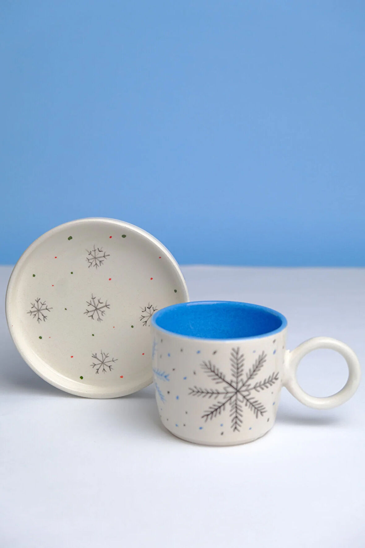 Kar Tanesi Desenli Tabaklı El Yapımı Seramik Kupa, Seramik Kupa, Mug, Nescafe Kupası, Handmade