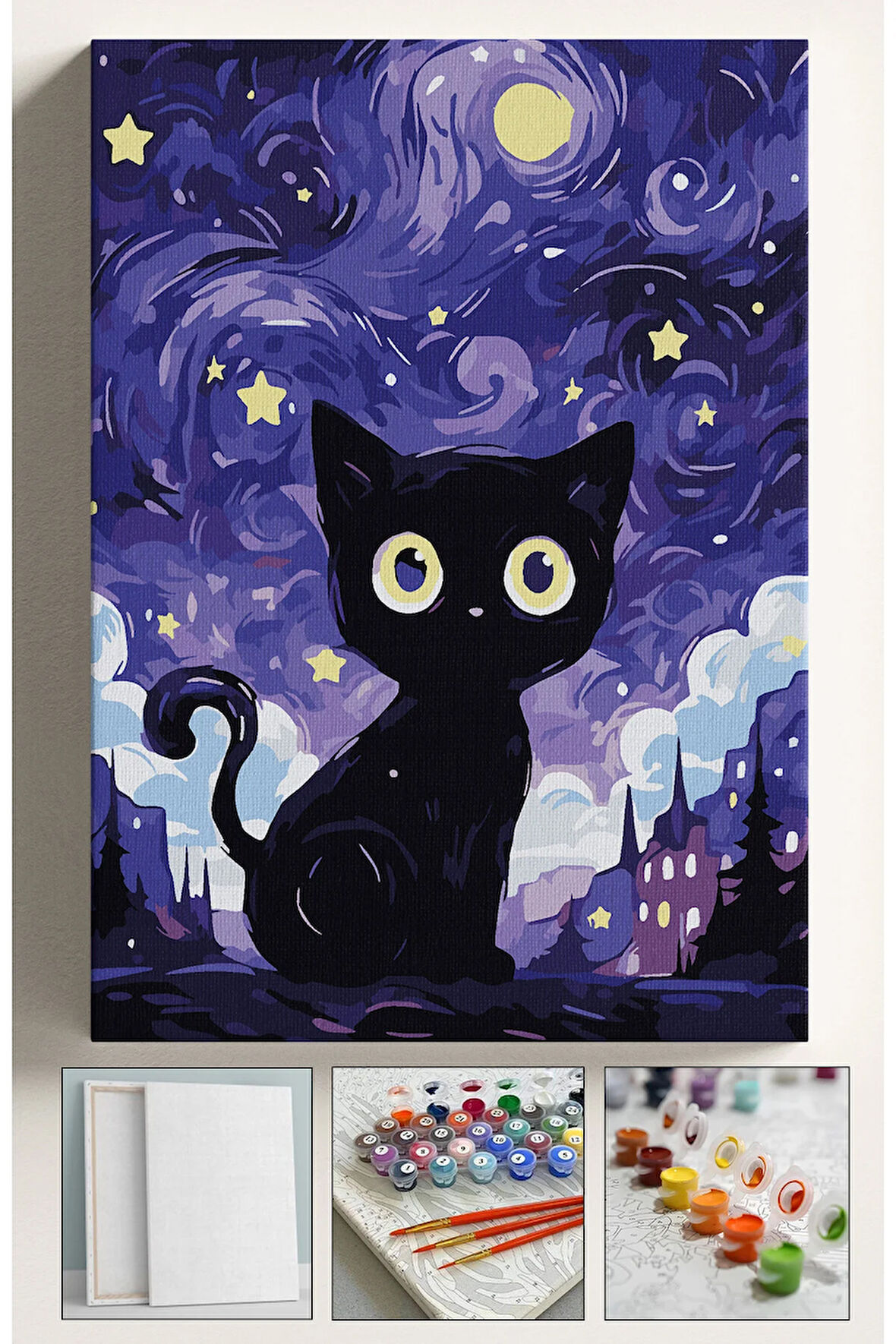 Sayılarla Boyama Seti Numaralı Tuval Fırça Boya 40x50 Cm Kara Kedi