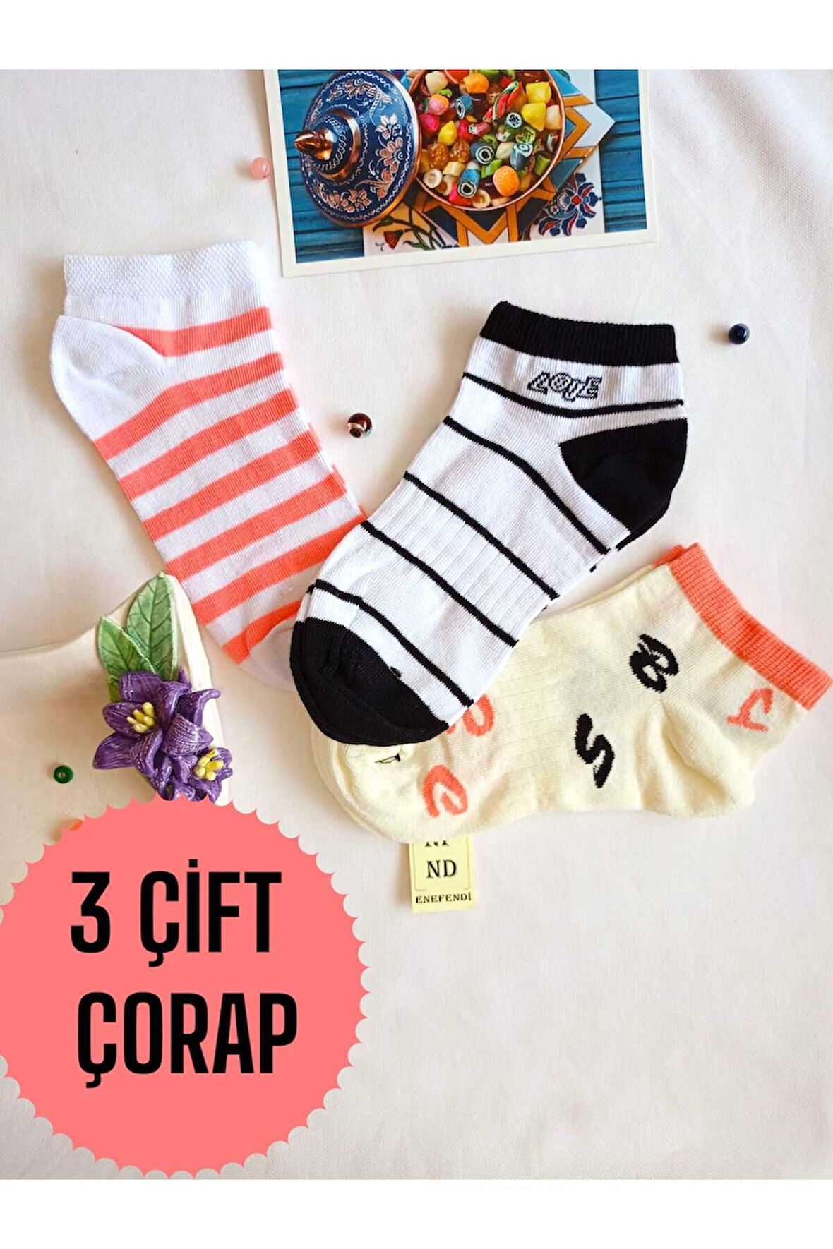 3 ÇİFT BURUN DİKİŞSİZ PATİK ÇORAP YUMUŞAK KADIN PAMUKLU KISA KONÇ DESENLİ ÇORABI 36-40