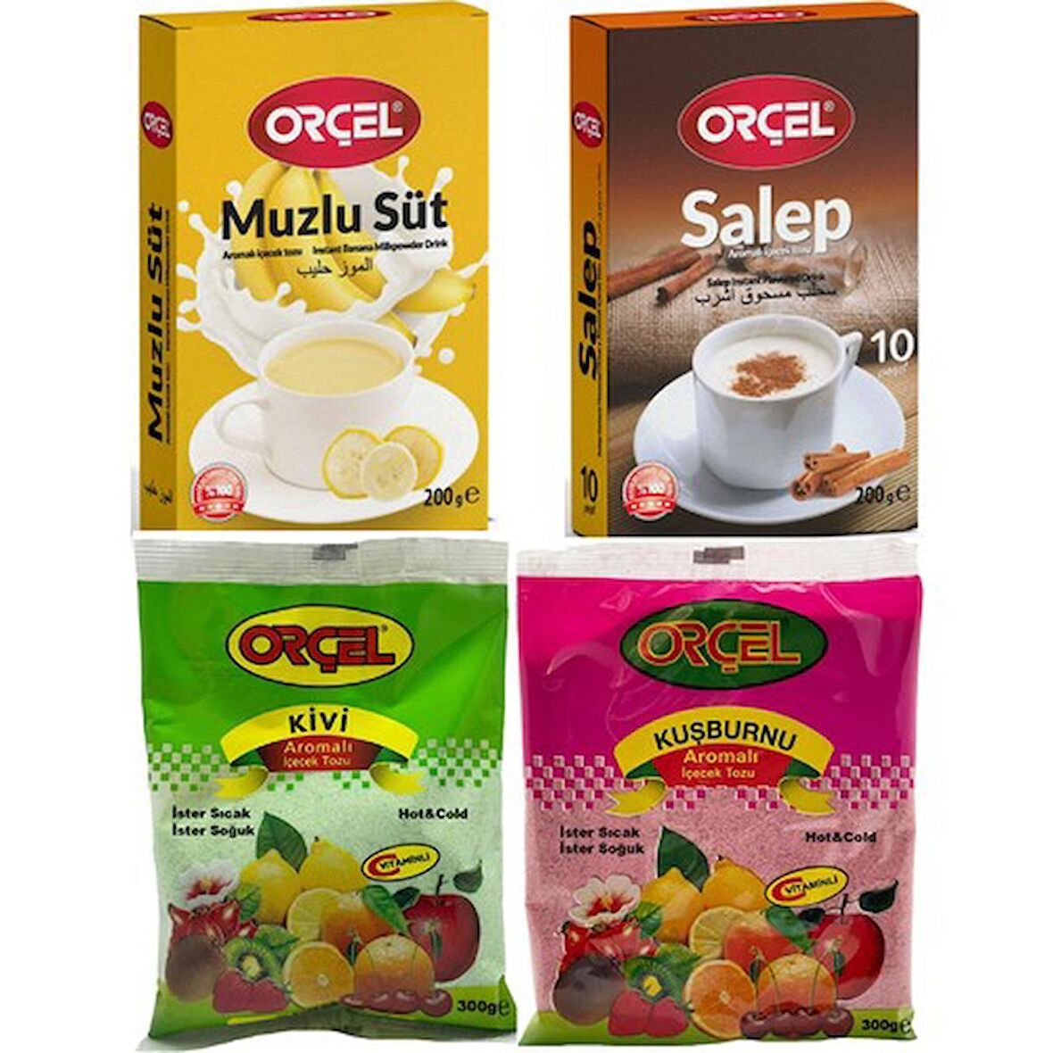 Orçel Sahlep 200gr. + Muzlu Süt 200gr. + Kivi 300gr. + Kuşburnu 300gr. Aromalı İçecek Tozu Oralet Çay