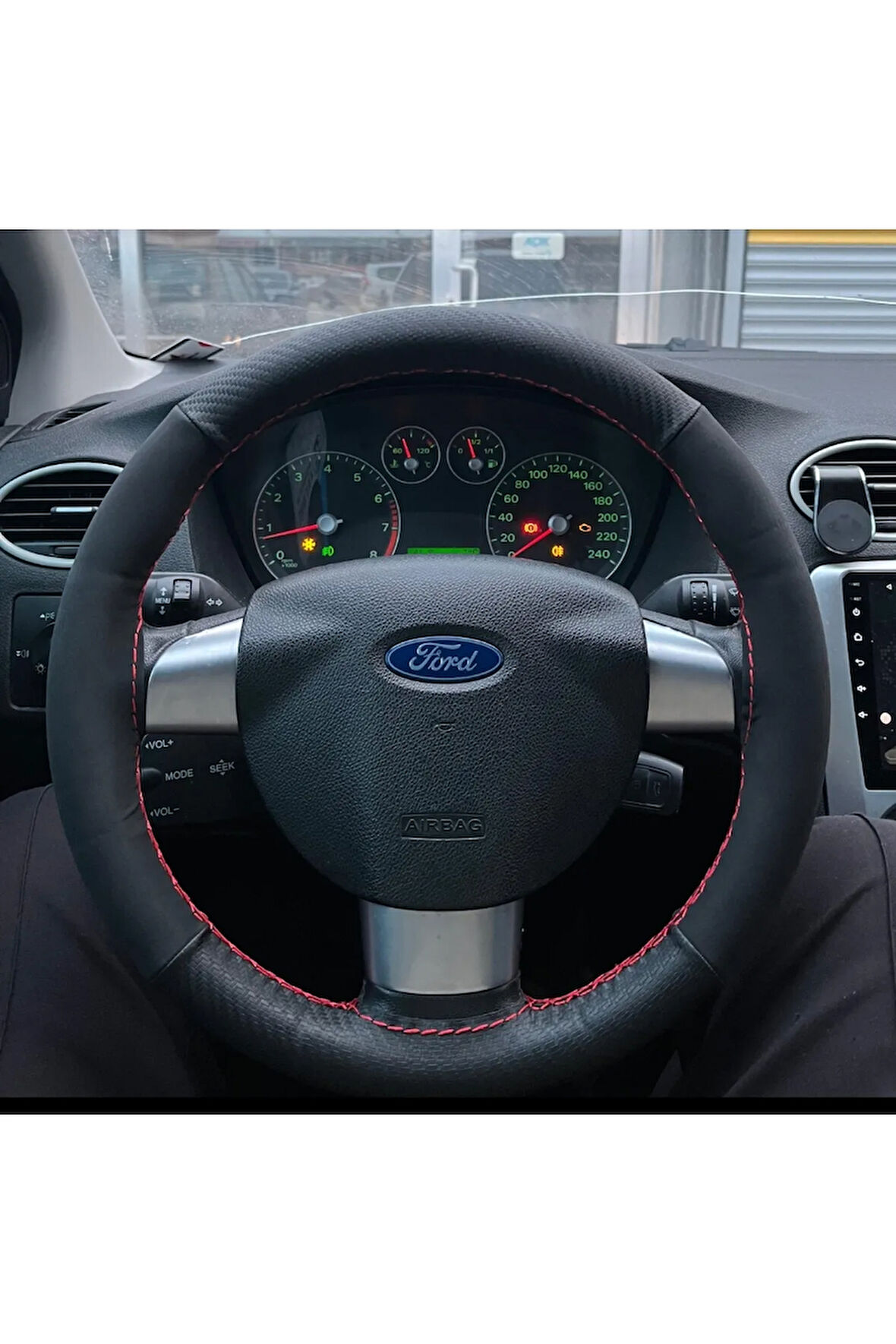 DİKİŞLİ DİREKSİYON KILIFI KARBON NUBUK DERİ KIRMIZI DİKİŞLİ FORD 2.5 ÜÇ KOLLU İÇİN