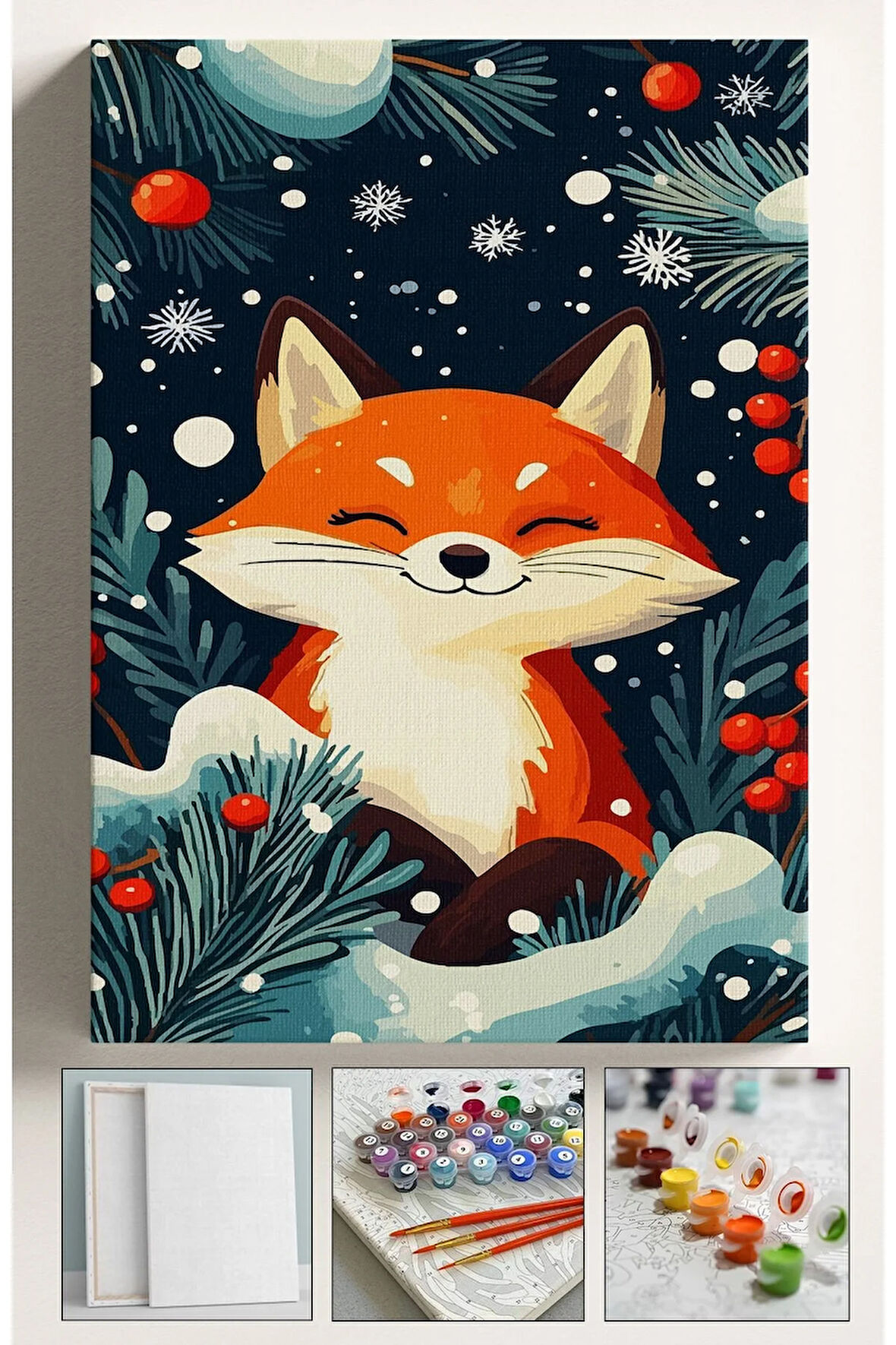 Sayılarla Boyama Çerçeveli Hobi Seti Numaralı Tuval Fırça Boya Dahil Kasnaklı KAR VE TİLKİ 40X50 Cm