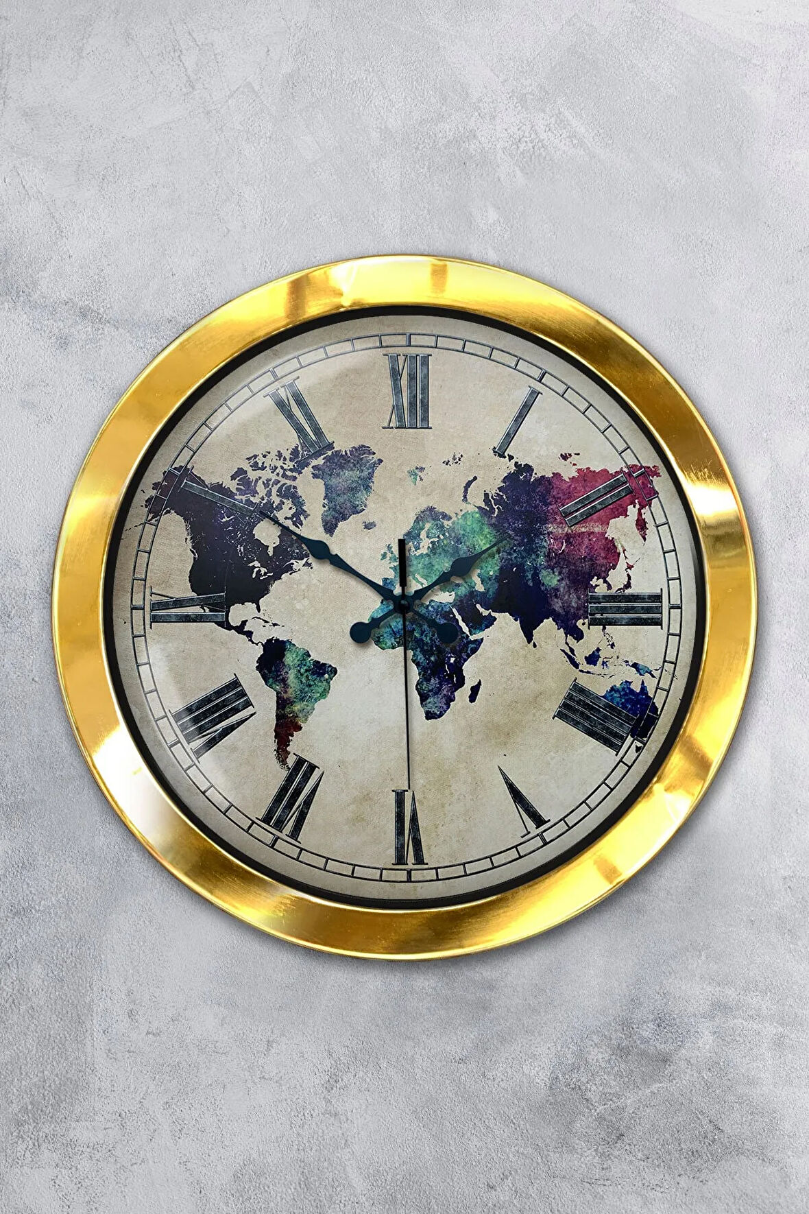 36 Cm Gold Metal Dünya Haritası Duvar Saati