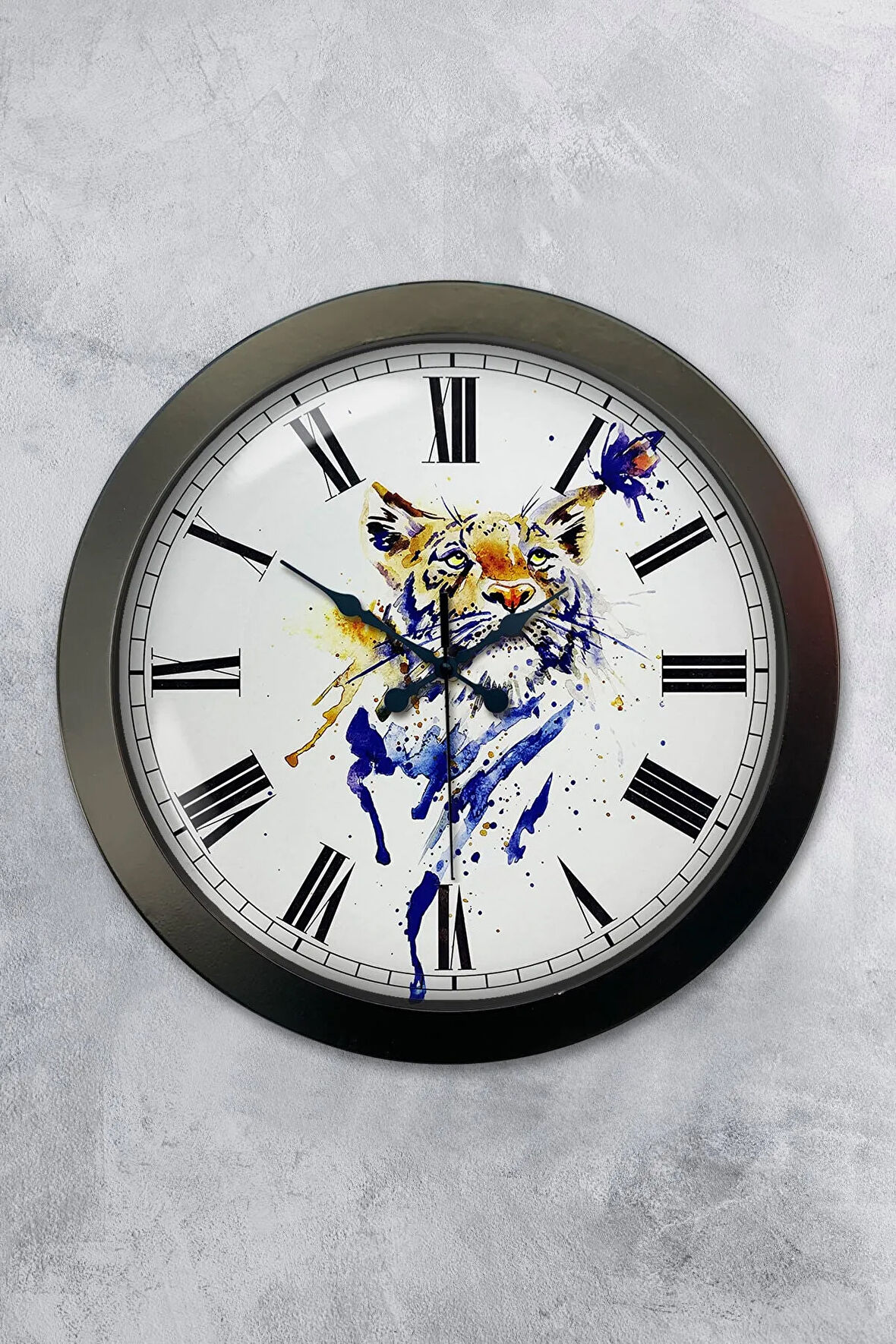 Hediyelik 36 Cm Siyah Metal Vaşak Duvar Saati