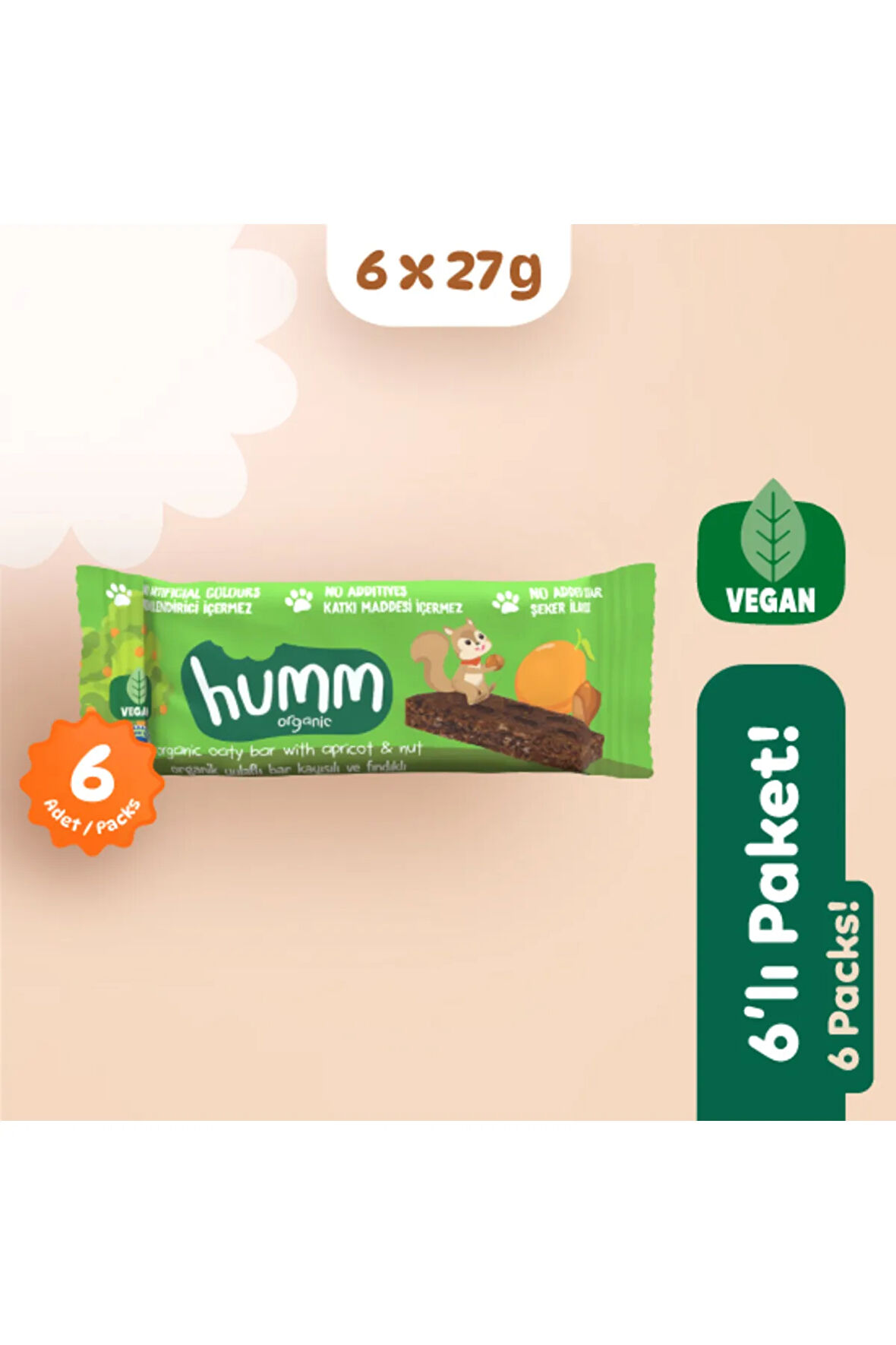 Humm Organic Organik Vegan Kayısılı ve Fındıklı Yulaf Bar Atıştırmalık Paketi - 27 G X 6 adet