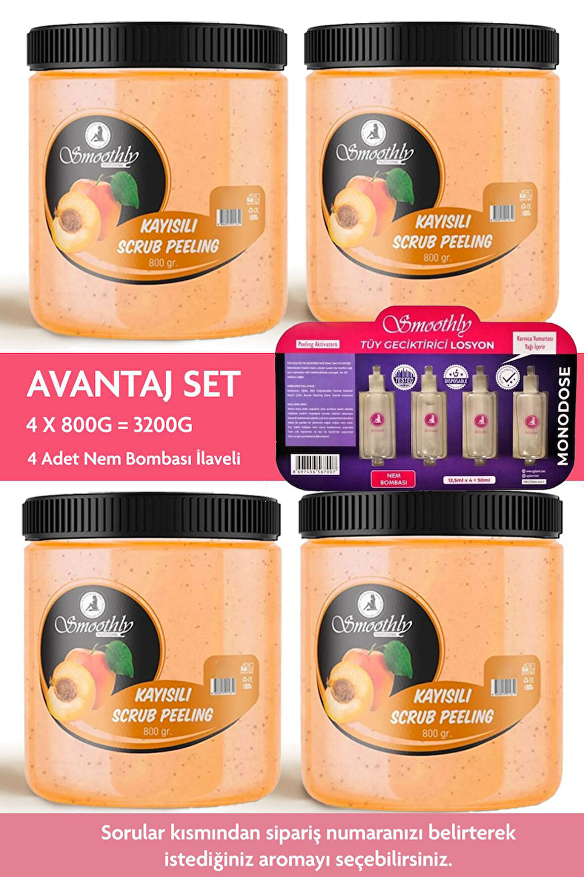 Kayısı Peeling 3200 G.  800 G. X 4 Epilasyon Sonrası Vücut Peelingi Batık & Çilek Bacak Onarıcı