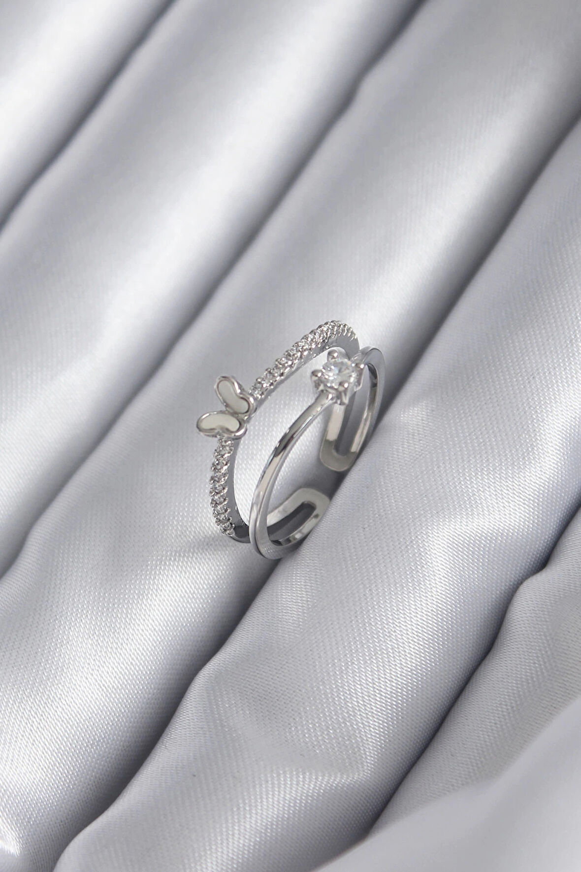 pilelistore Pirinç Gümüş Renk Zirkon Taşlı Kelebek Model Kadın Yüzük - TJ-BYK2932