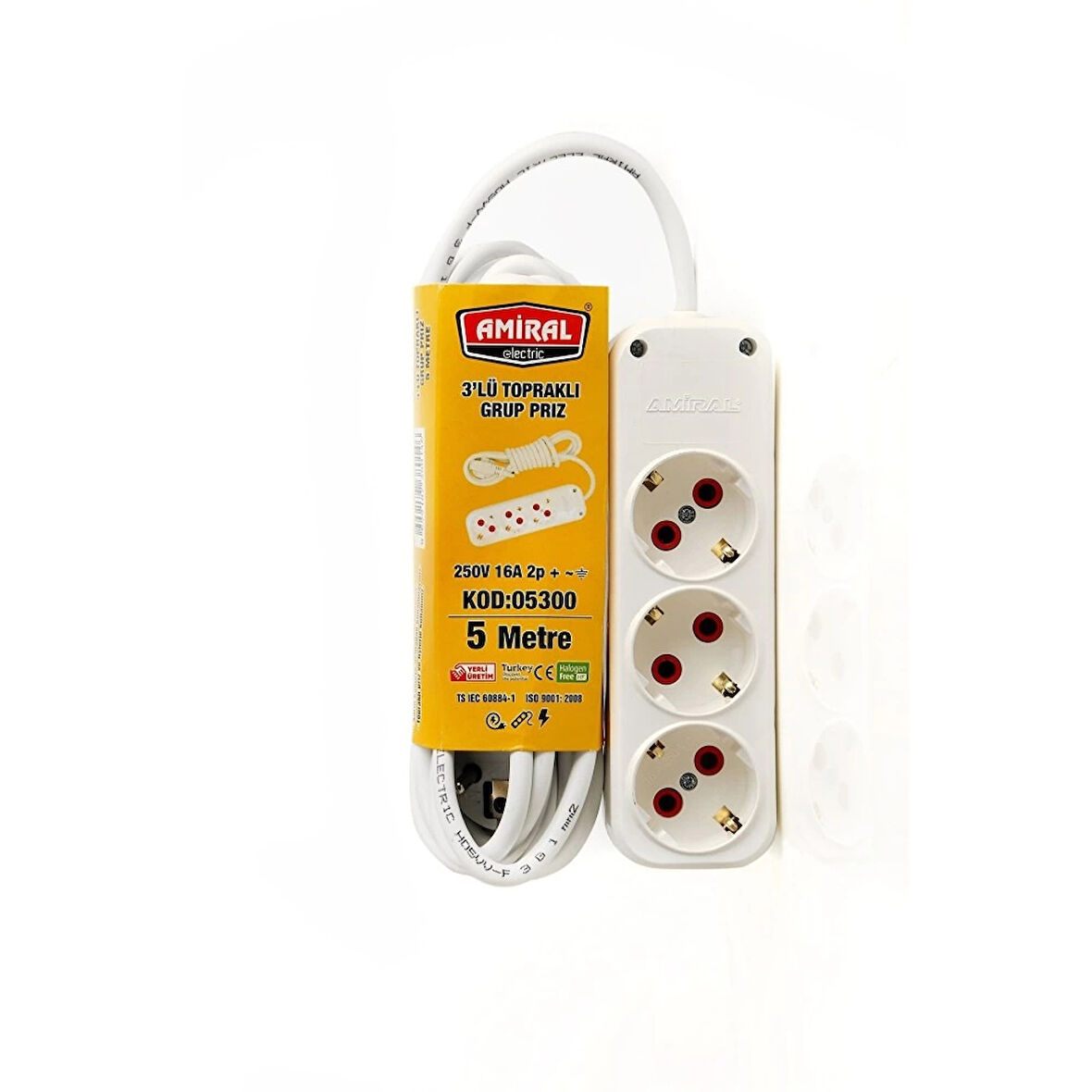 pilelistore 3 lü Topraklı 5 Metre Kablolu Grup Priz