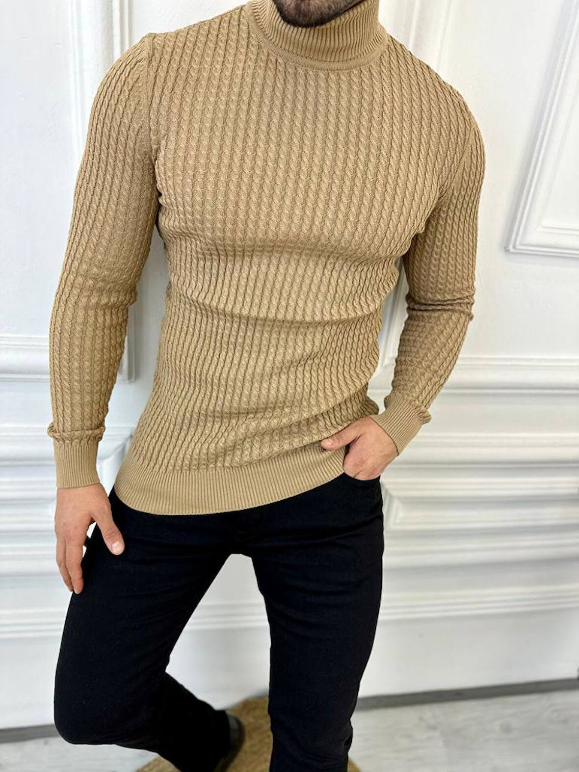 Kazak Slim Fit Tüylenmez Naturel Pamuk Triko Boğazlı Balıkçı Yaka Kazak