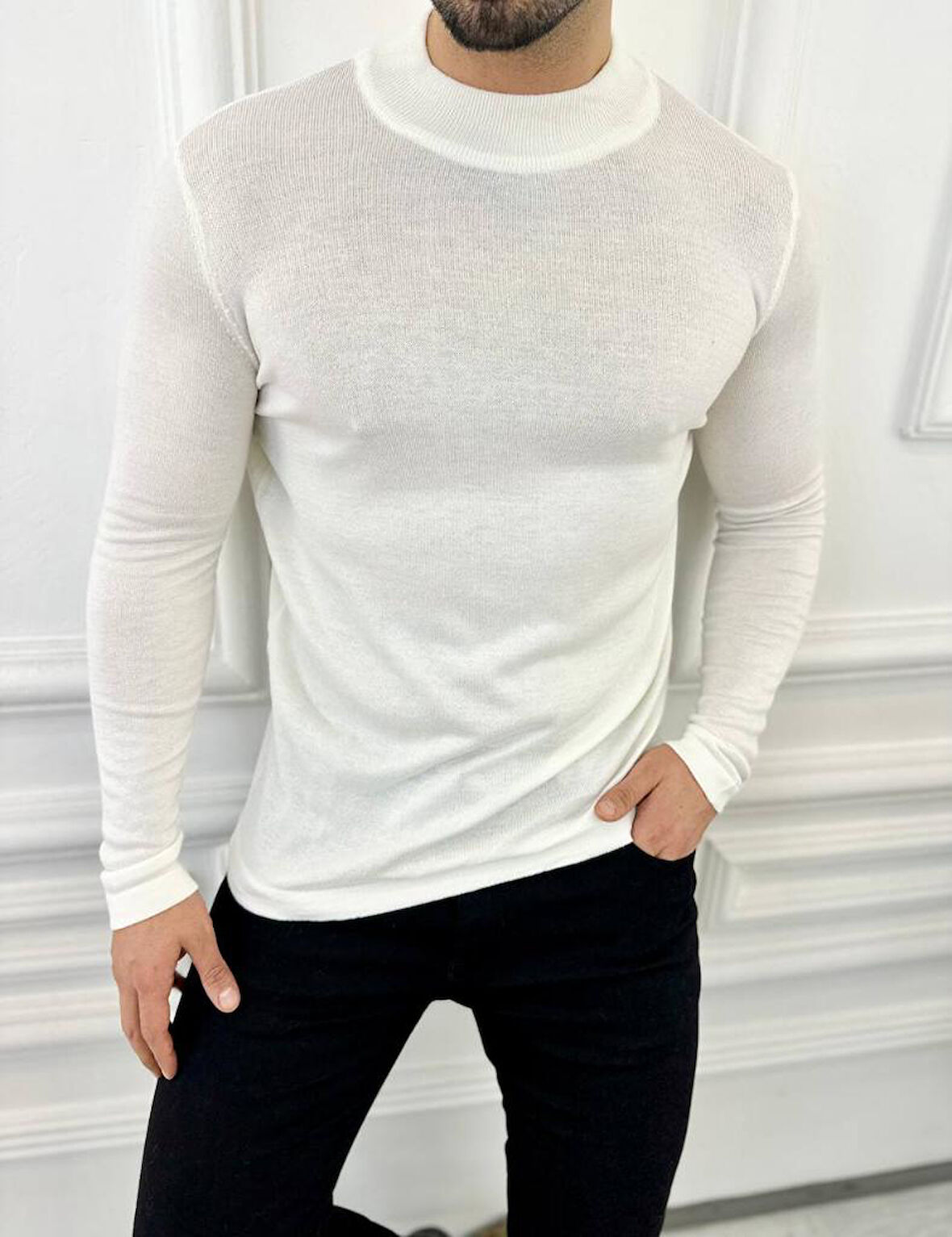 Kazak Slim Fit Tüylenmez Naturel Pamuk Triko Boğazlı Balıkçı Yaka Kazak