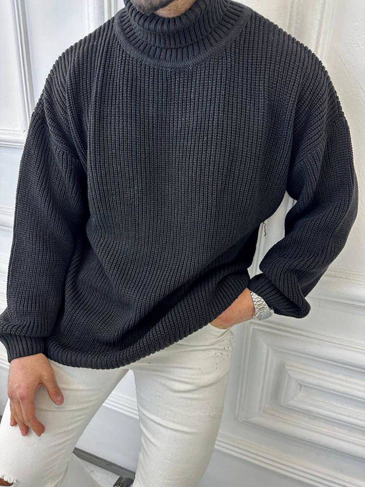 Boğazlı Erkek Kazak Oversize Balıkçı Yaka Geniş Salaş Triko Kazak