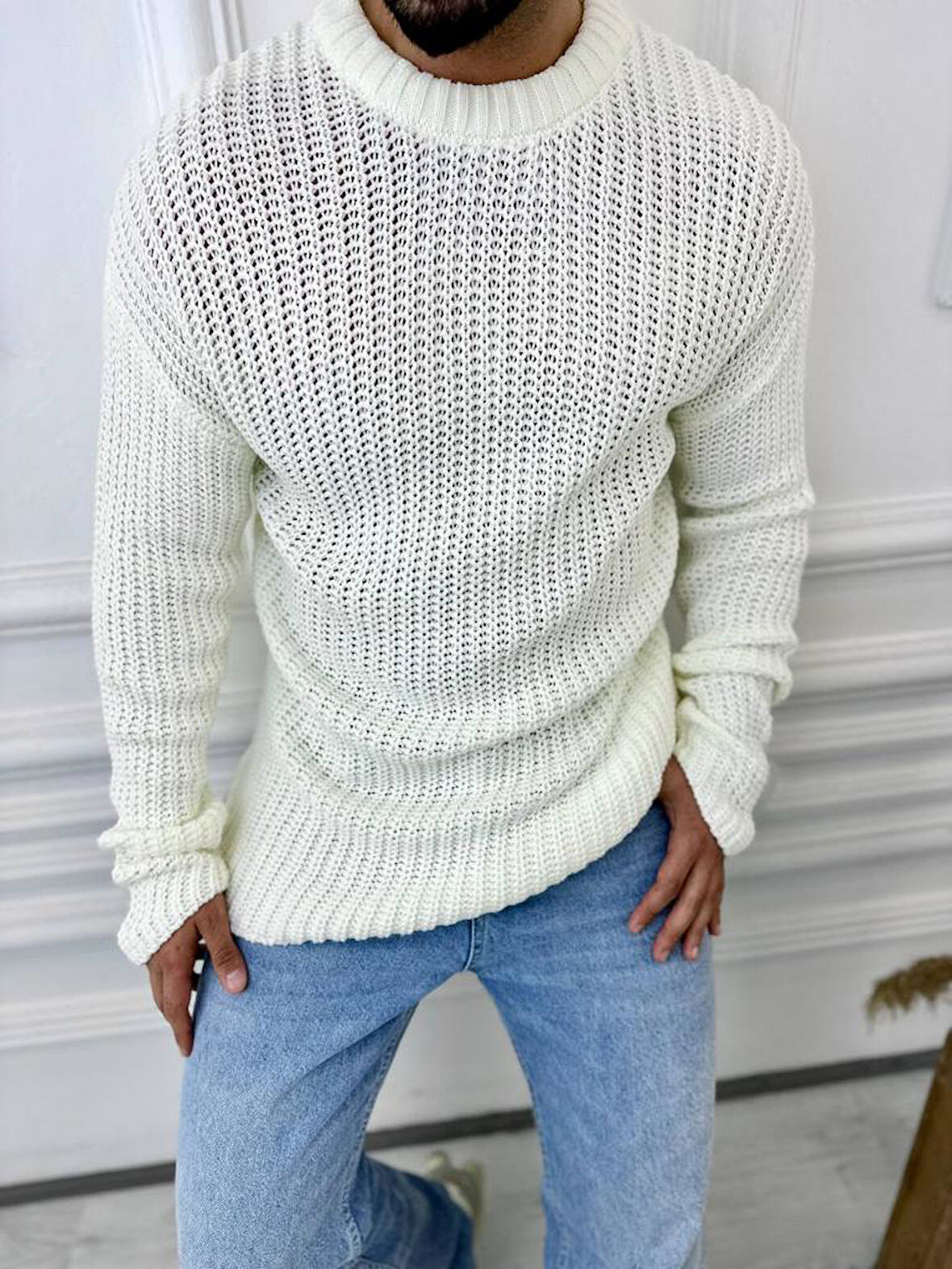 Kazak Oversize Çift Kat Zincir Örgü Naturel Pamuk Bol Kesim Tüylenmez Triko Kazak