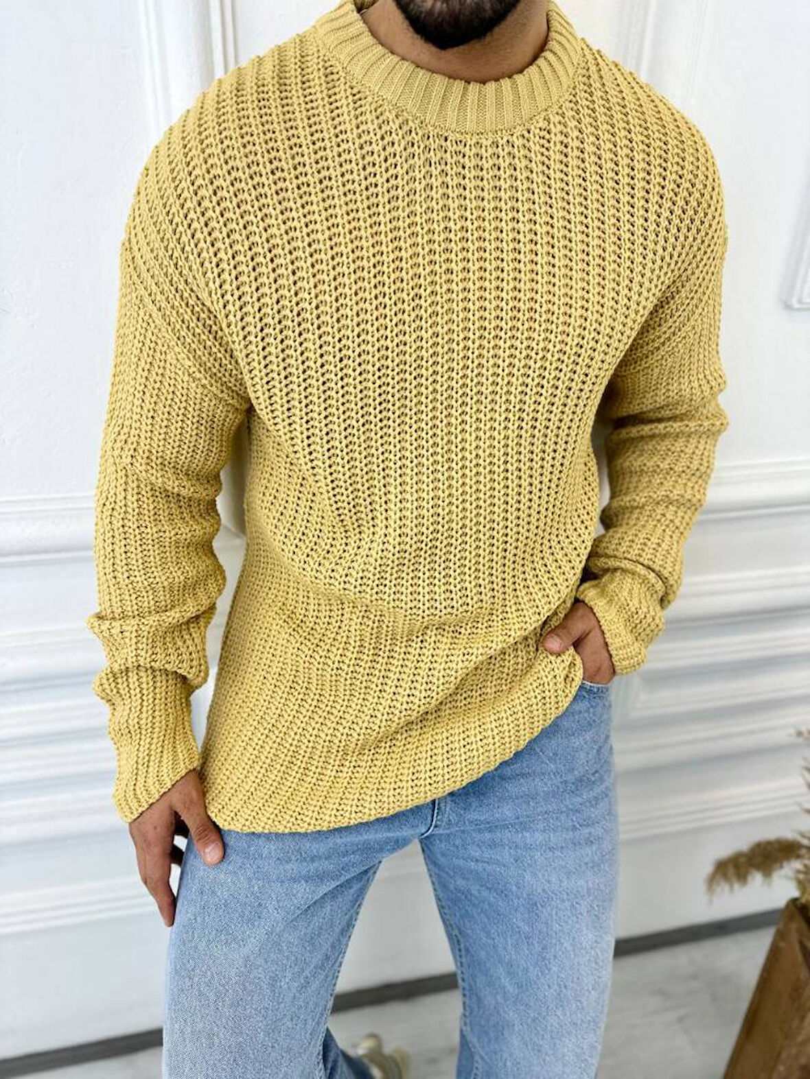 Kazak Oversize Çift Kat Zincir Örgü Naturel Pamuk Bol Kesim Tüylenmez Triko Kazak