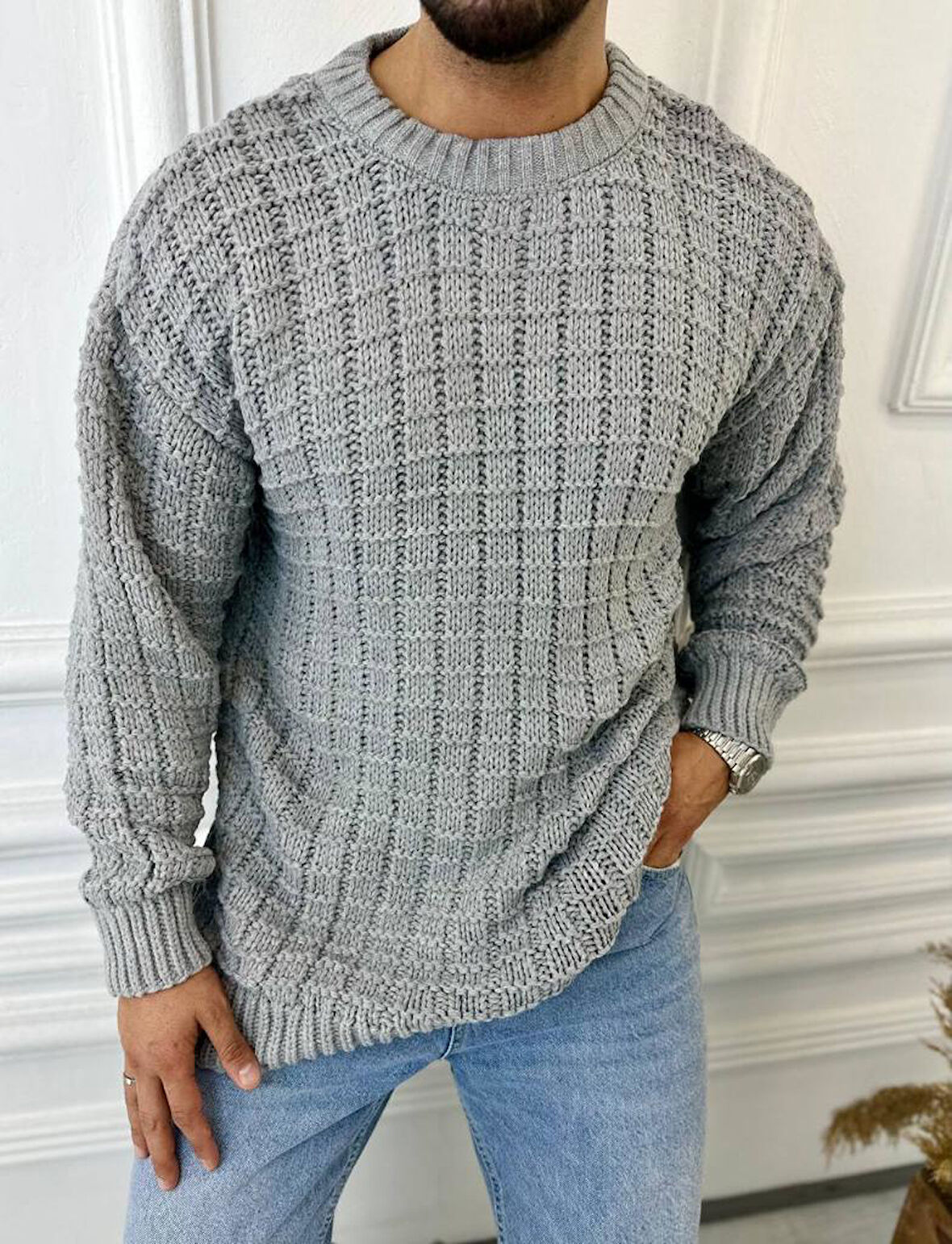 Kazak Oversize Kare Örme Desenli Naturel Pamuk Bol Kesim Tüylenmeyen Salaş Triko Kazak