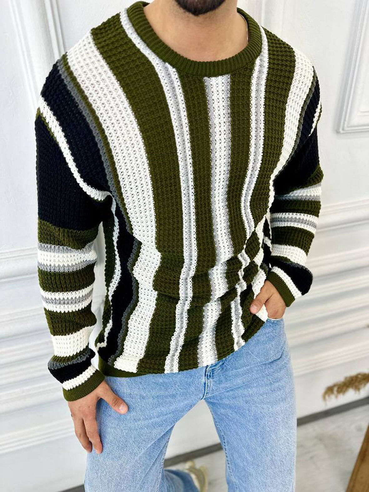 Kazak Oversize Renkli Örgü Desenli Naturel Pamuk Bol Kesim Salaş Triko Kazak