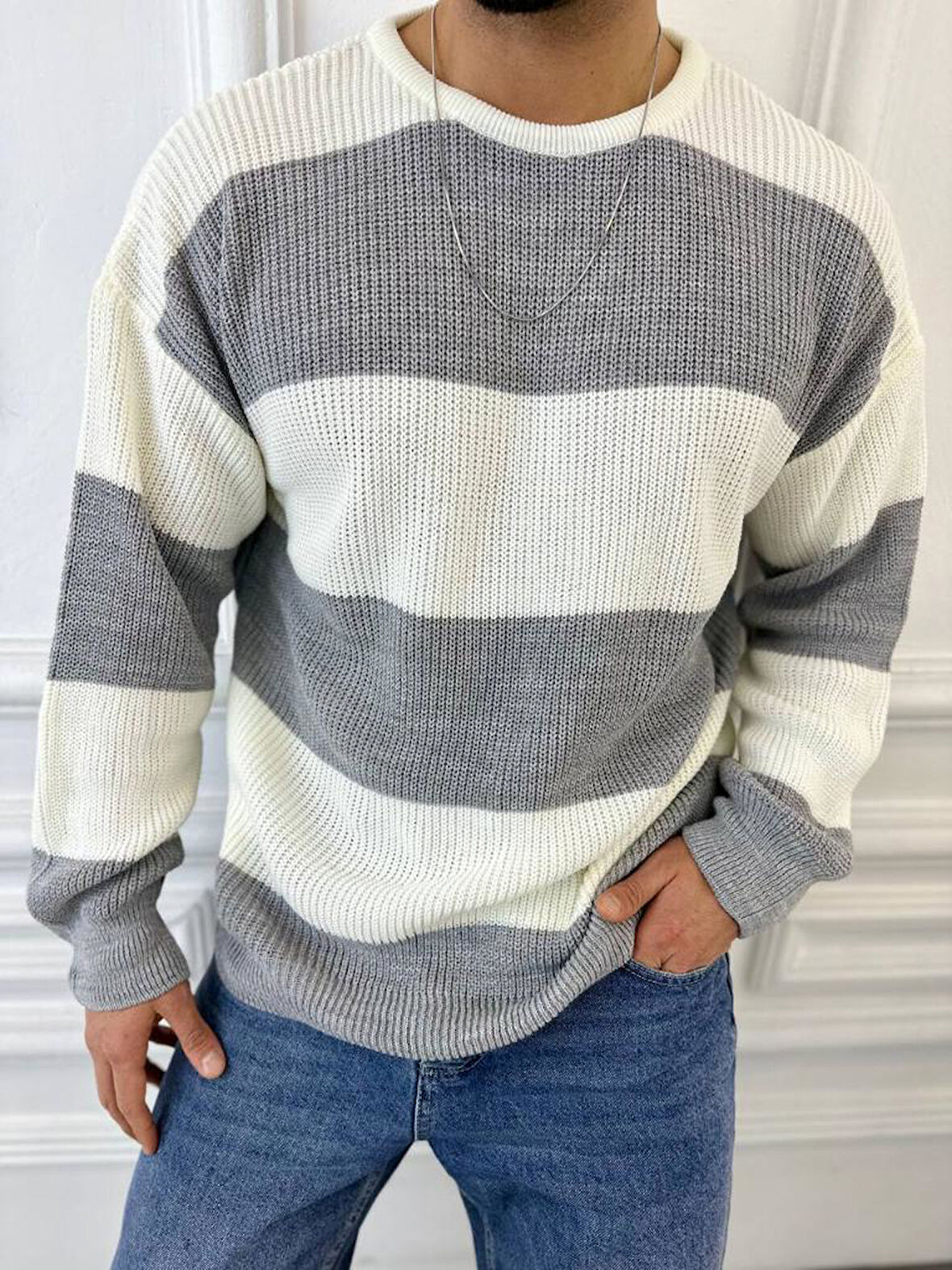 Kazak Oversize Tüylenmez Naturel Pamuk Örme Triko Kazak