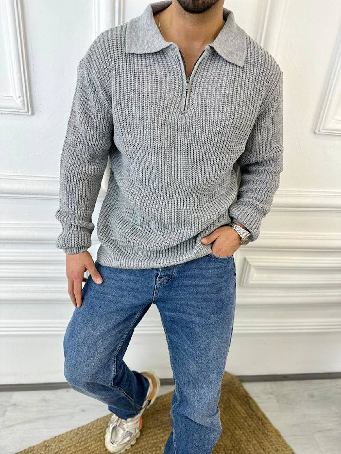 Kazak Oversize Tüylenmez Naturel Pamuk Fermuarlı Polo Yaka Örme Triko Kazak